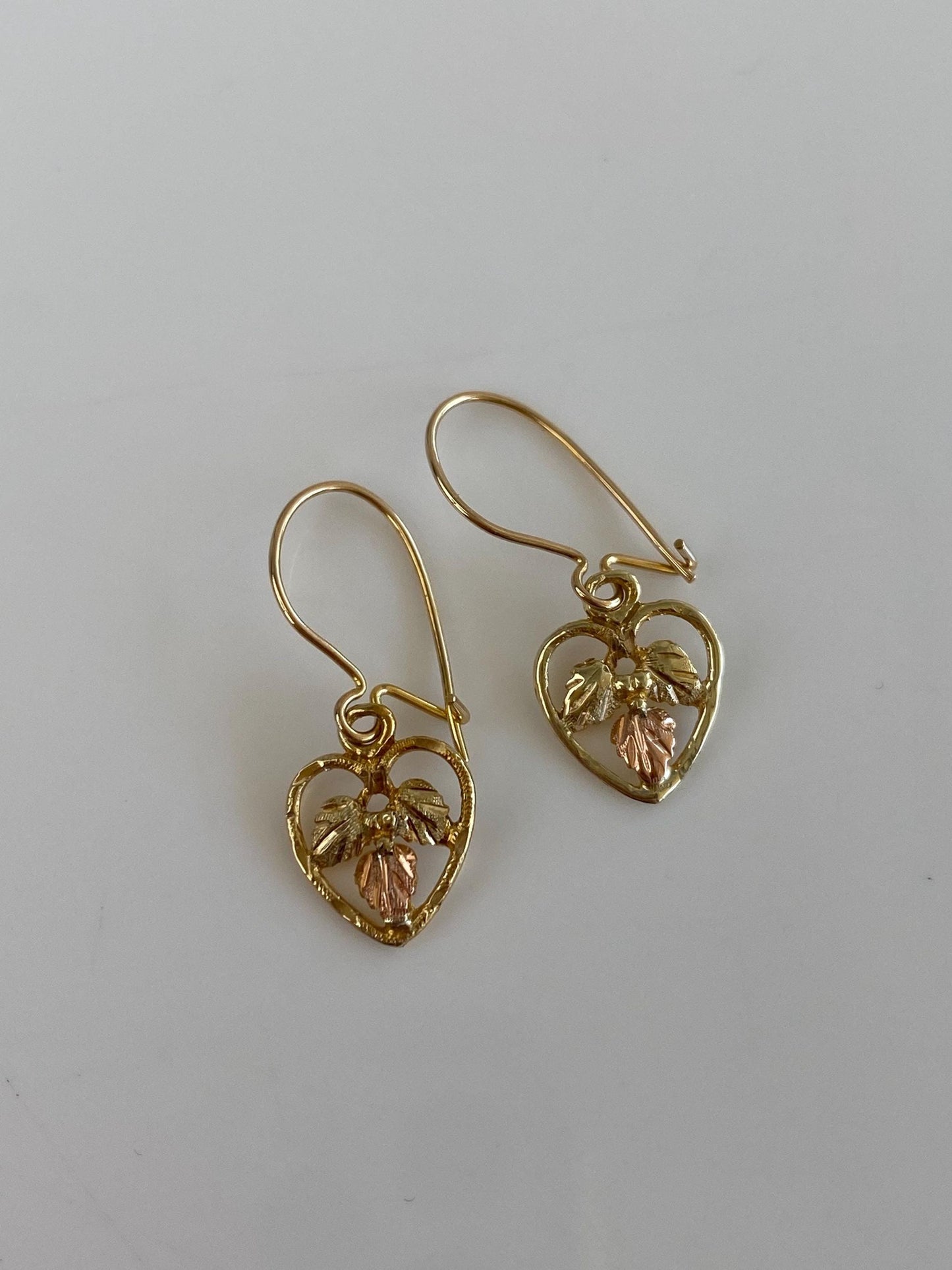 Vintage Solid 10k Black Hills Gold Leaves Heart Dangle Earrings