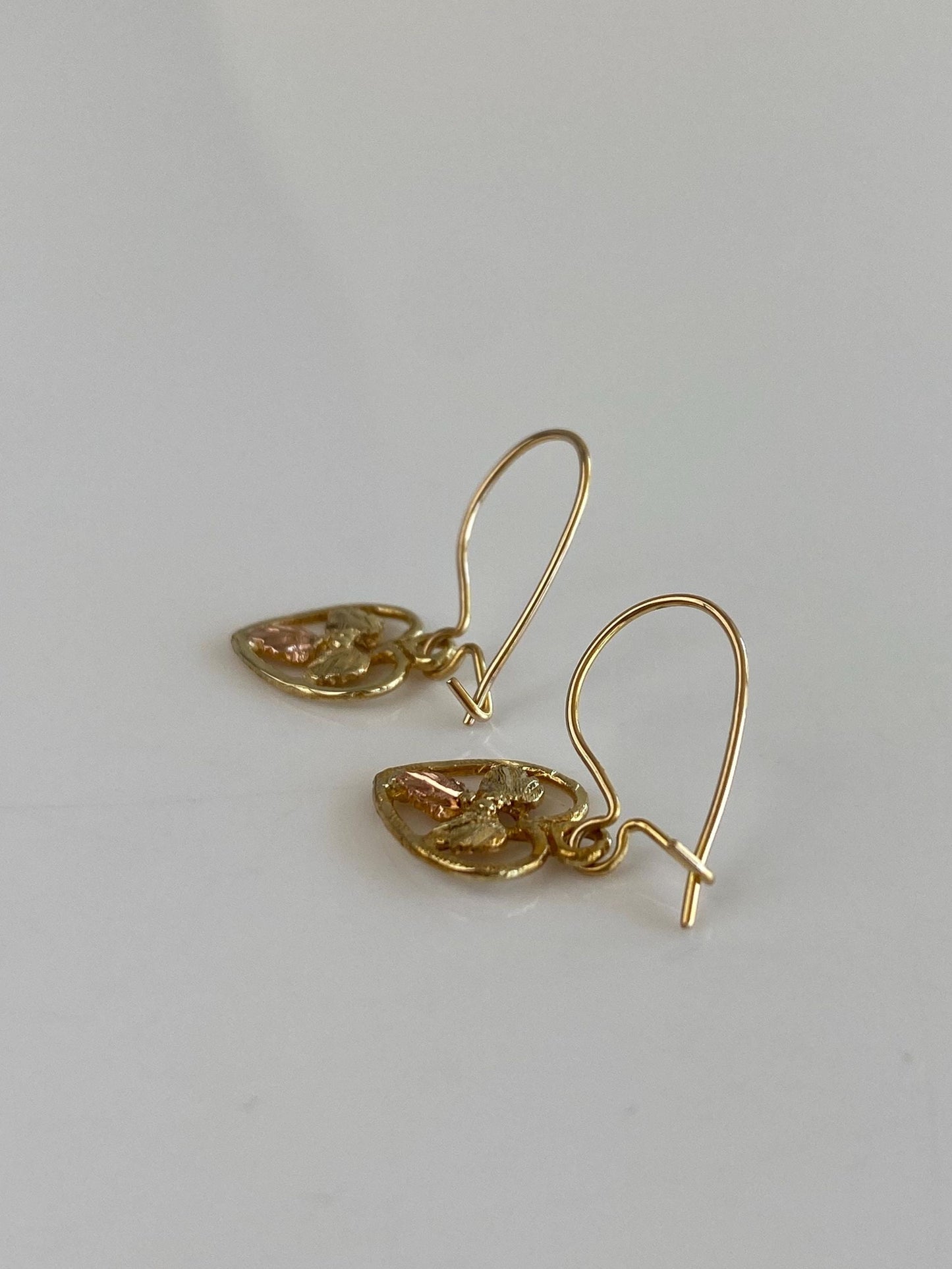 Vintage Solid 10k Black Hills Gold Leaves Heart Dangle Earrings