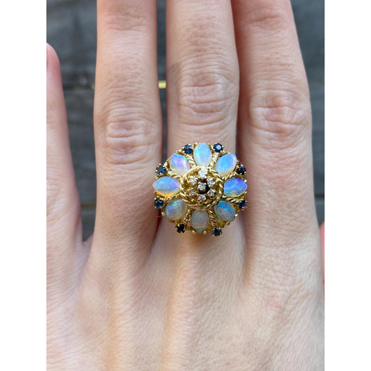 Vintage Solid 18k Yellow Gold Opal Diamond Blue Spinel Cocktail Ring - Size 6.75