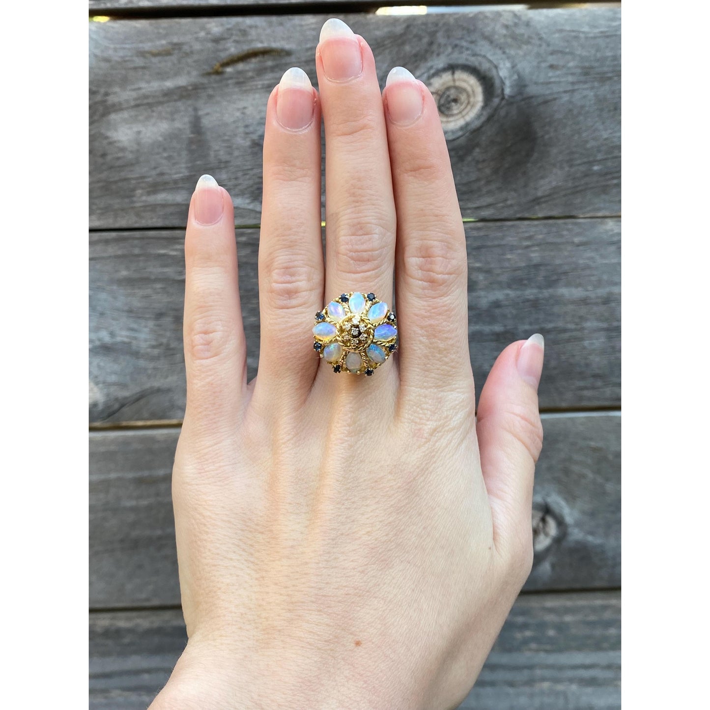 Vintage Solid 18k Yellow Gold Opal Diamond Blue Spinel Cocktail Ring - Size 6.75