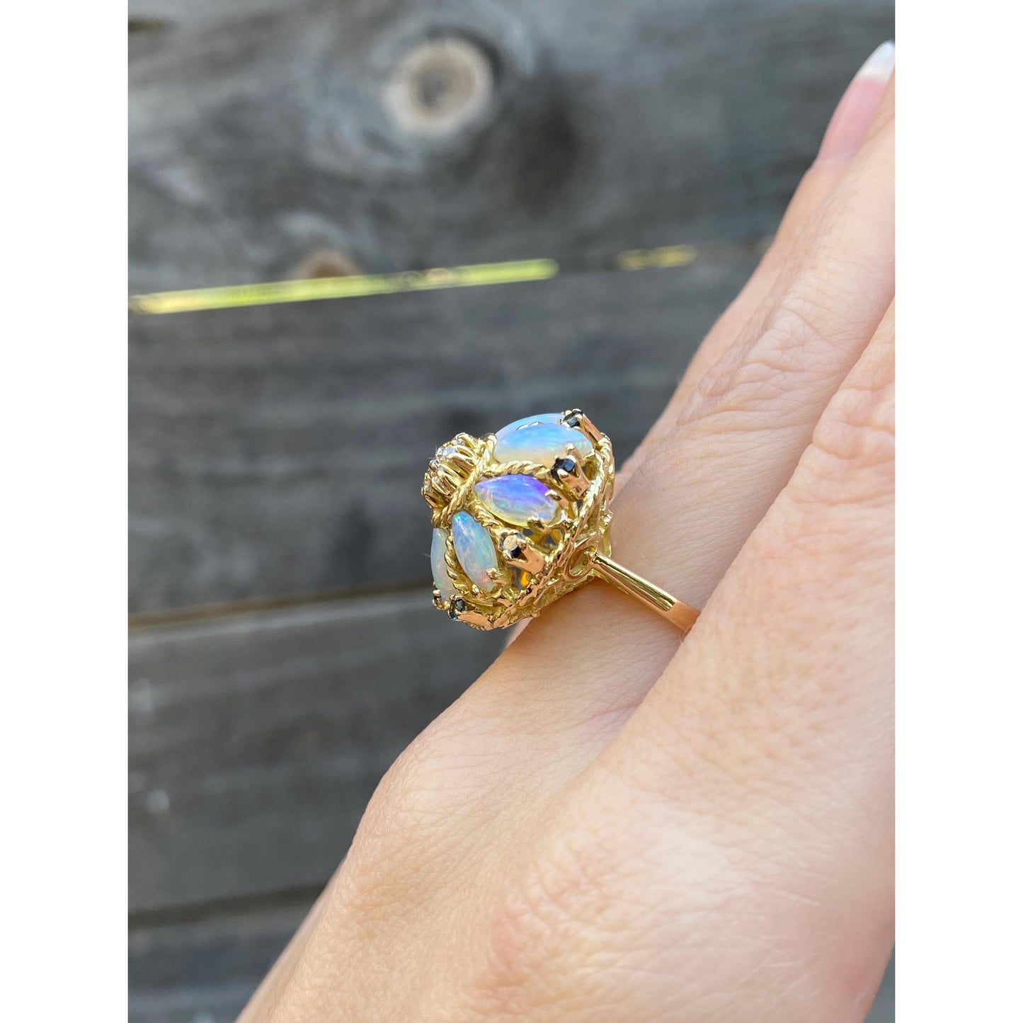 Vintage Solid 18k Yellow Gold Opal Diamond Blue Spinel Cocktail Ring - Size 6.75