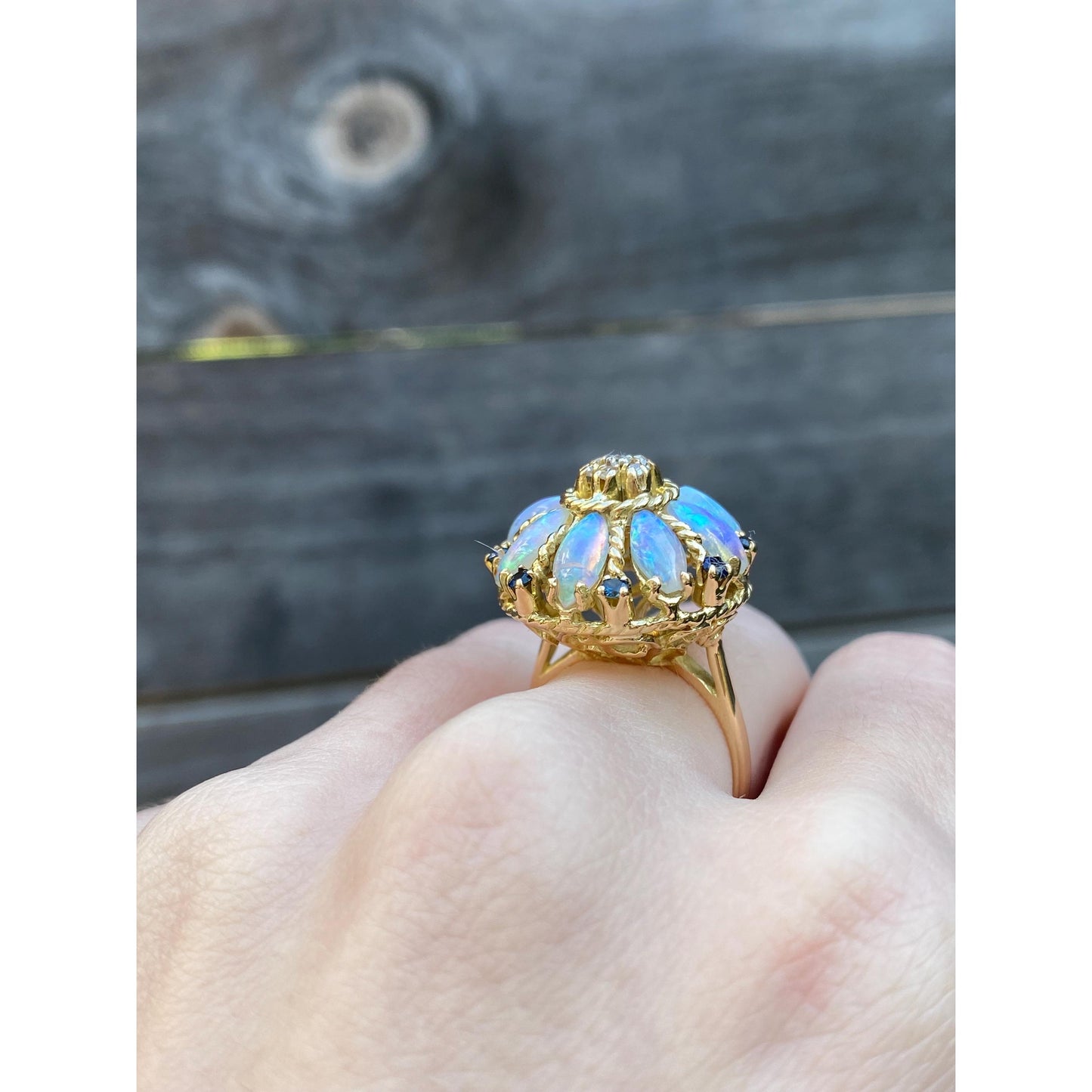 Vintage Solid 18k Yellow Gold Opal Diamond Blue Spinel Cocktail Ring - Size 6.75