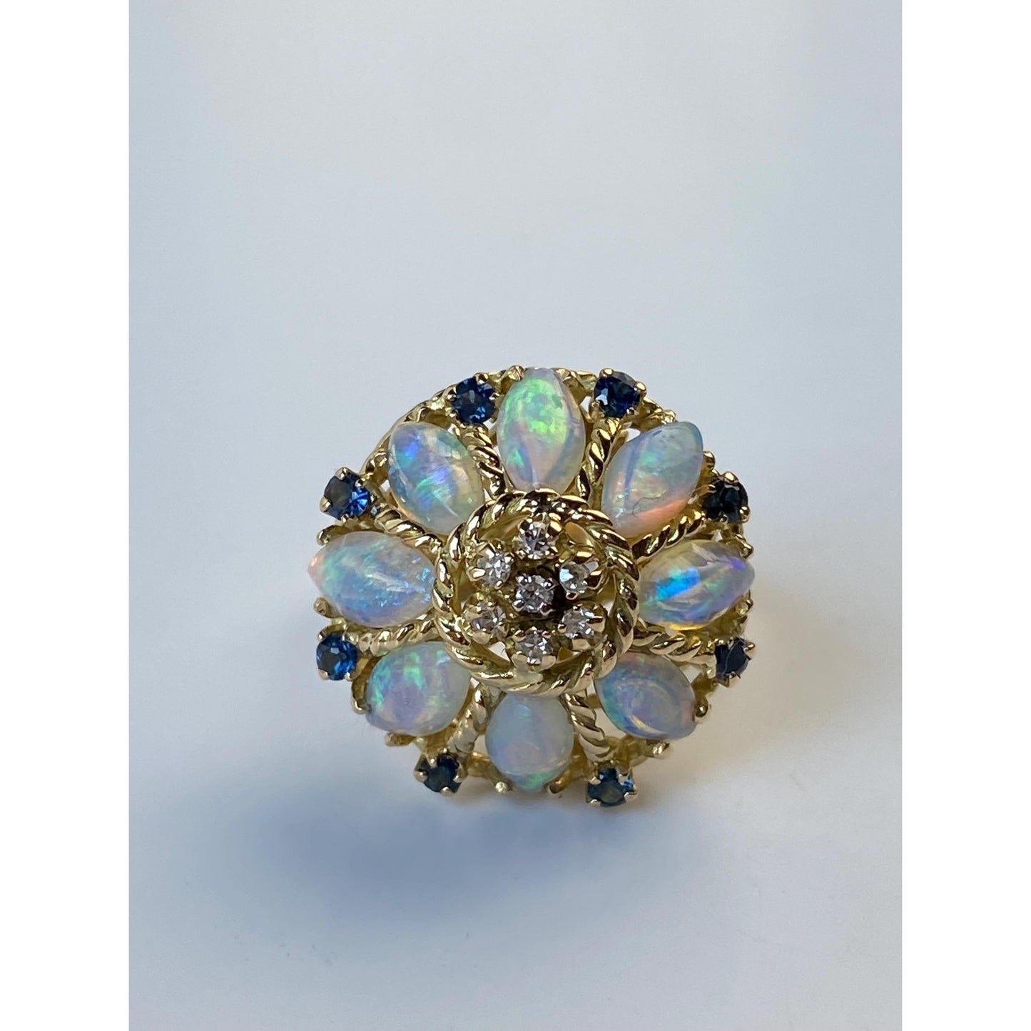 Vintage Solid 18k Yellow Gold Opal Diamond Blue Spinel Cocktail Ring - Size 6.75