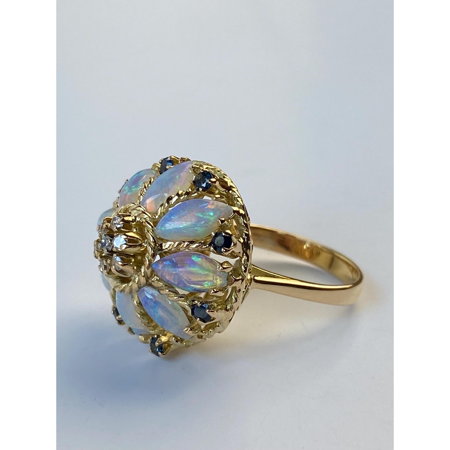 Vintage Solid 18k Yellow Gold Opal Diamond Blue Spinel Cocktail Ring - Size 6.75