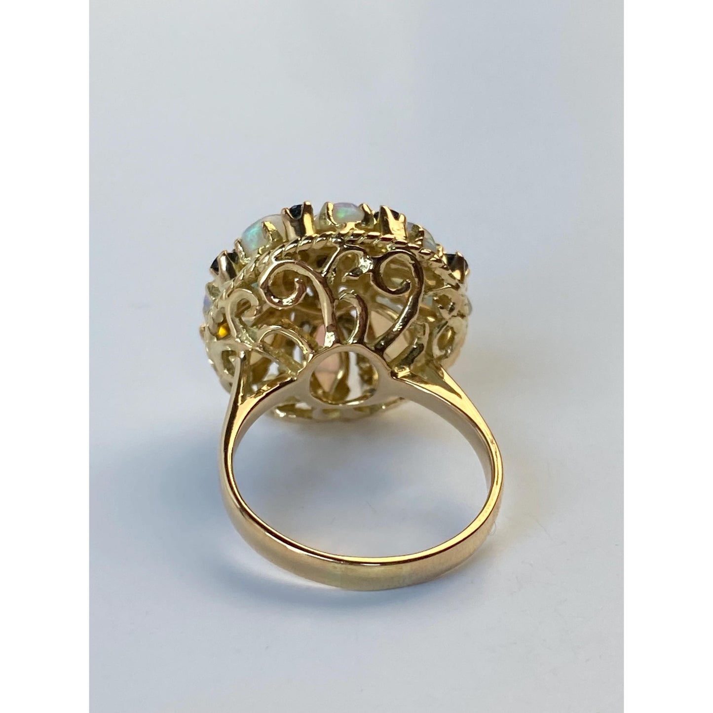 Vintage Solid 18k Yellow Gold Opal Diamond Blue Spinel Cocktail Ring - Size 6.75