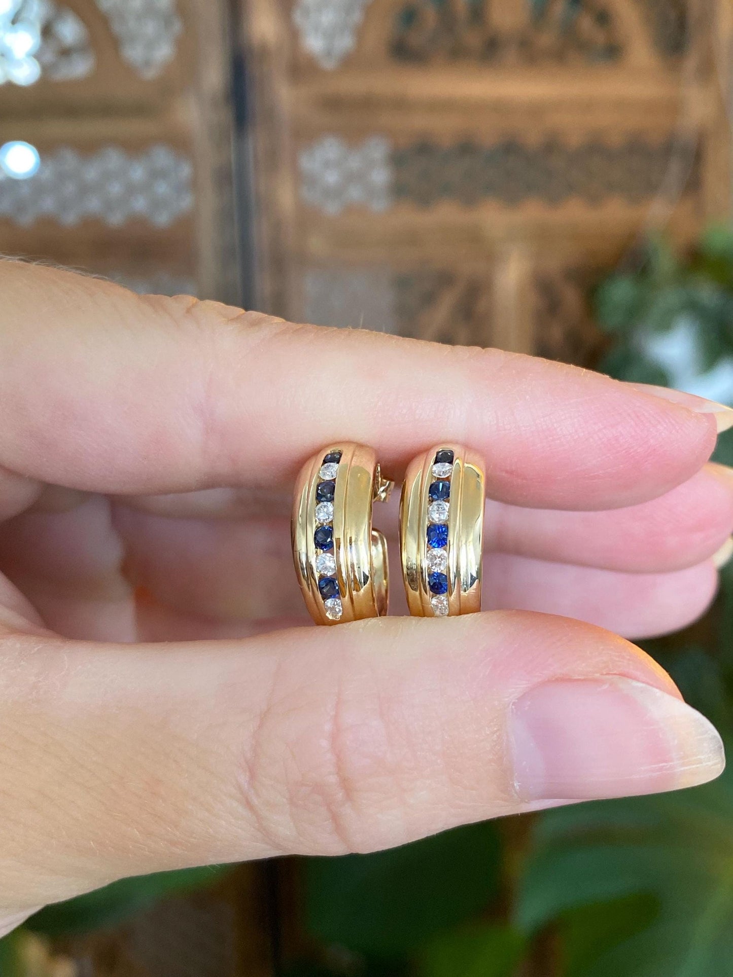 Vintage Solid 18k Yellow Gold Diamond Blue Sapphire Drop Hoop Earrings
