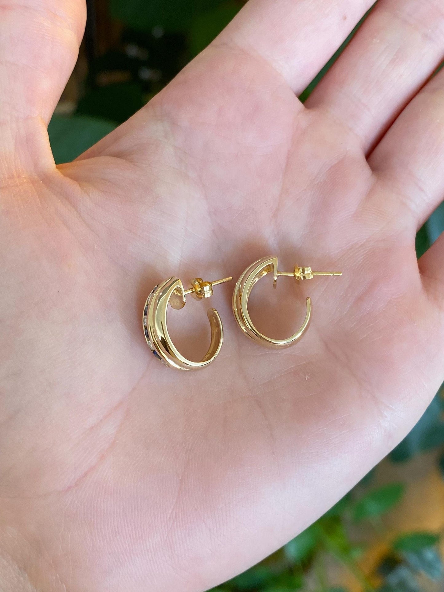 Vintage Solid 18k Yellow Gold Diamond Blue Sapphire Drop Hoop Earrings