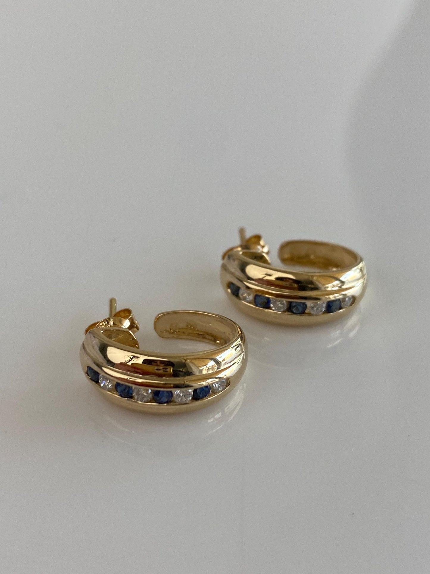 Vintage Solid 18k Yellow Gold Diamond Blue Sapphire Drop Hoop Earrings