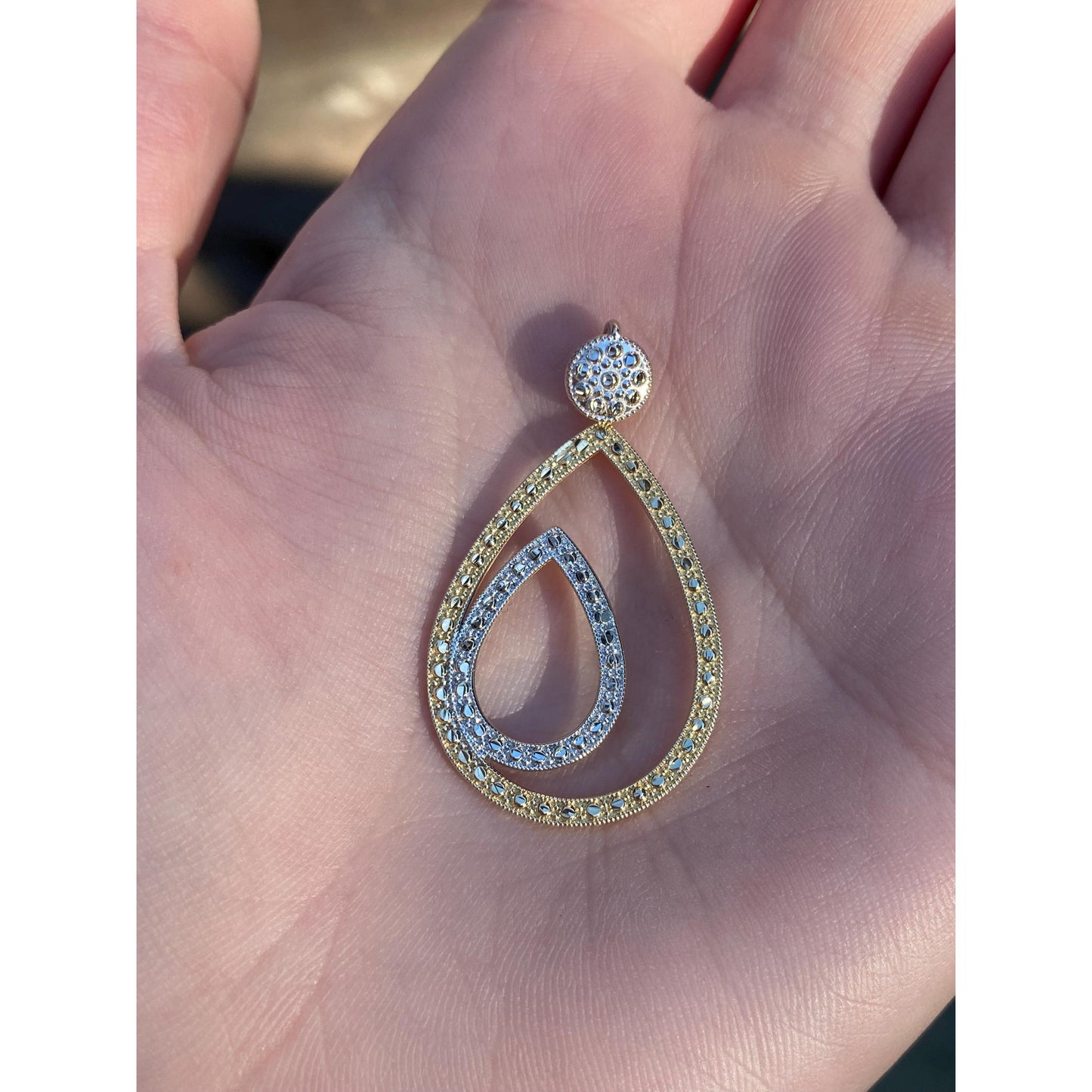 Vintage Solid 14k White & Yellow Gold Diamond Cut Open Teardrop Dangle Charm