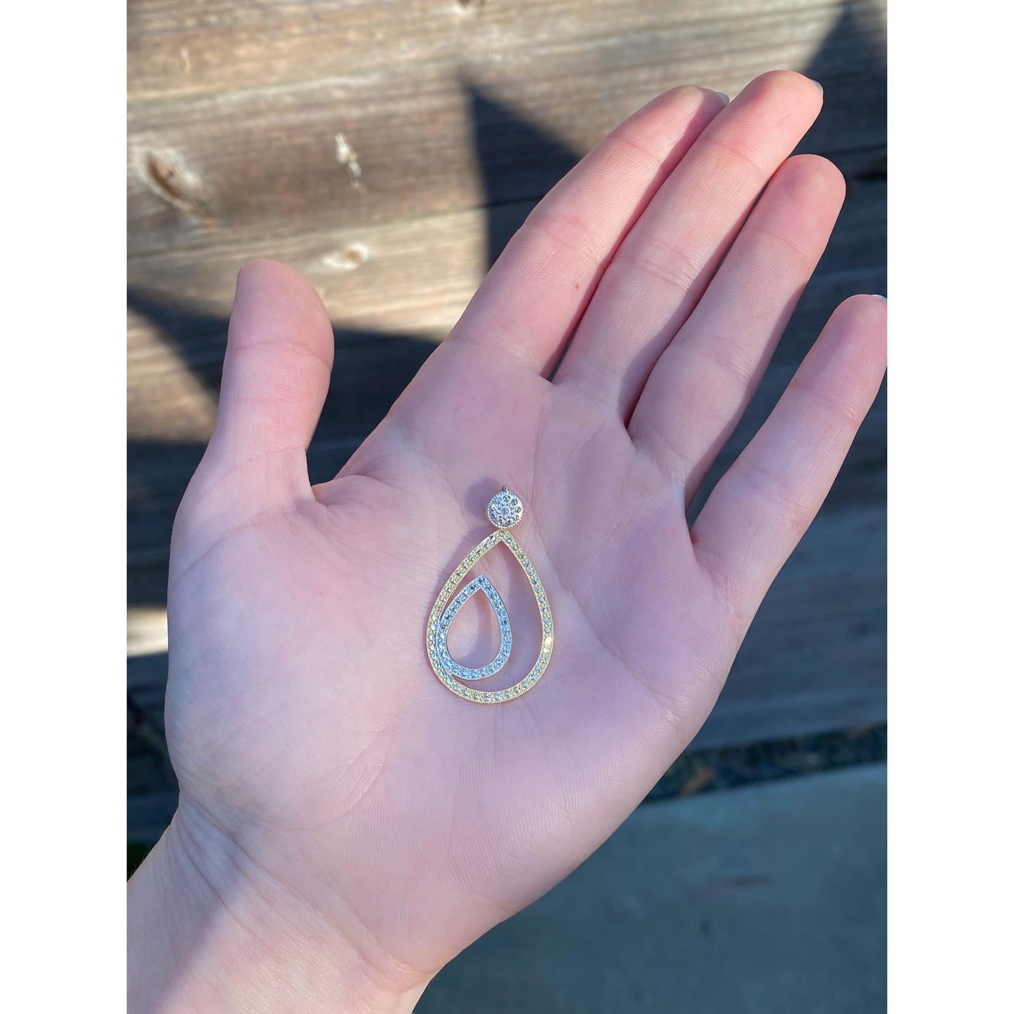 Vintage Solid 14k White & Yellow Gold Diamond Cut Open Teardrop Dangle Charm