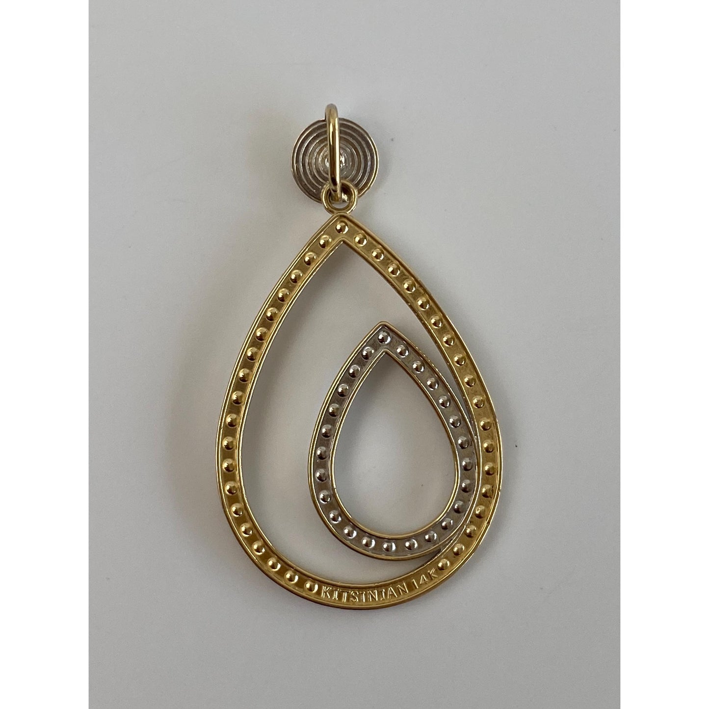 Vintage Solid 14k White & Yellow Gold Diamond Cut Open Teardrop Dangle Charm