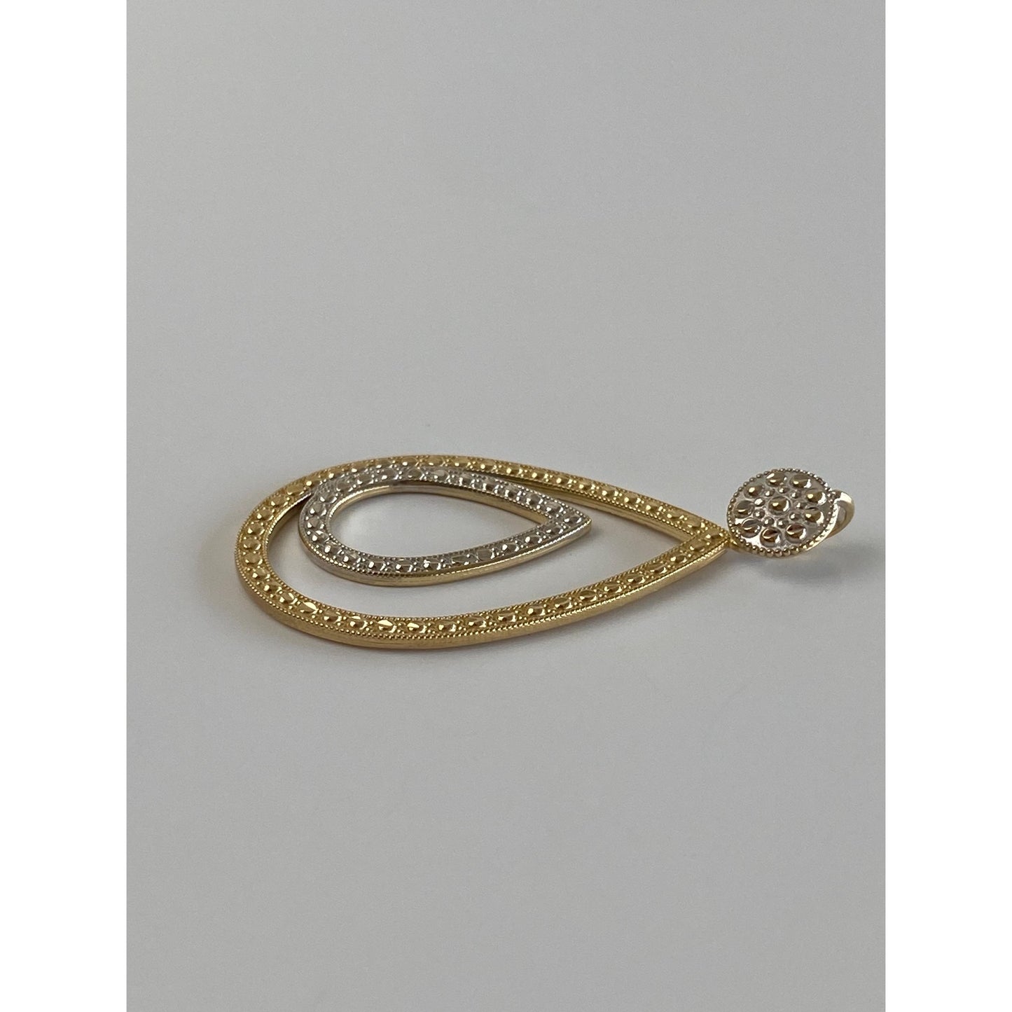 Vintage Solid 14k White & Yellow Gold Diamond Cut Open Teardrop Dangle Charm