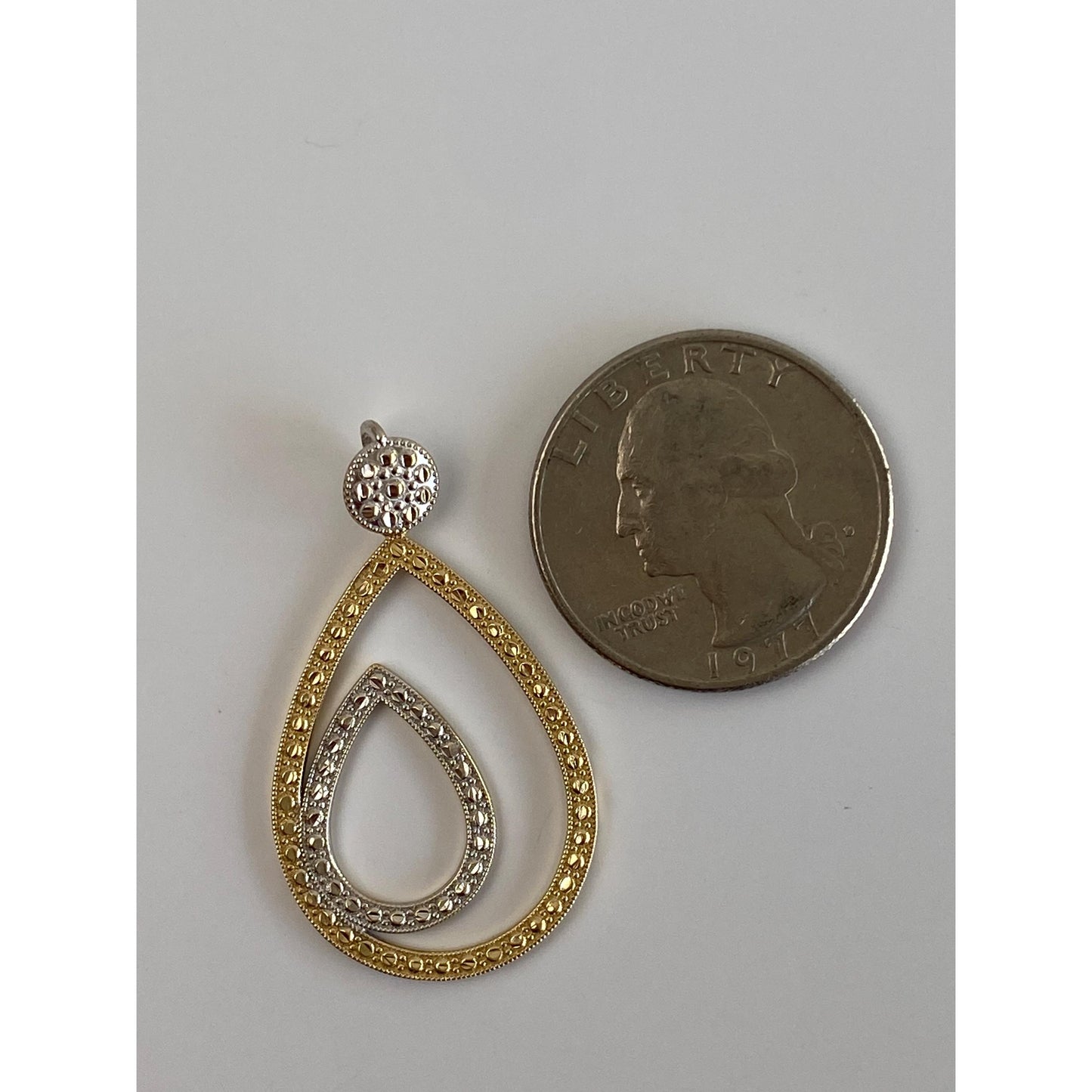 Vintage Solid 14k White & Yellow Gold Diamond Cut Open Teardrop Dangle Charm