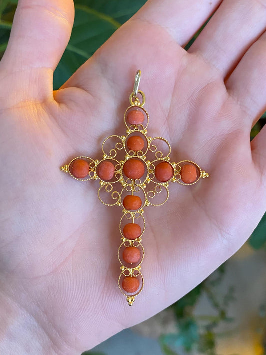 Vintage Solid 14k Yellow Gold Coral Cross Fidget Charm