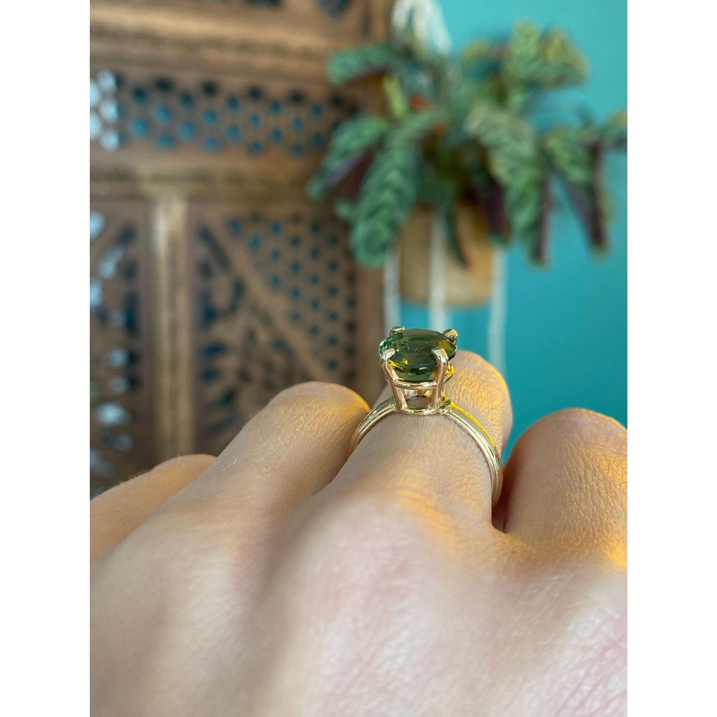 Solid 14k Yellow Gold Green Cubic Zirconia Ring - Size 6