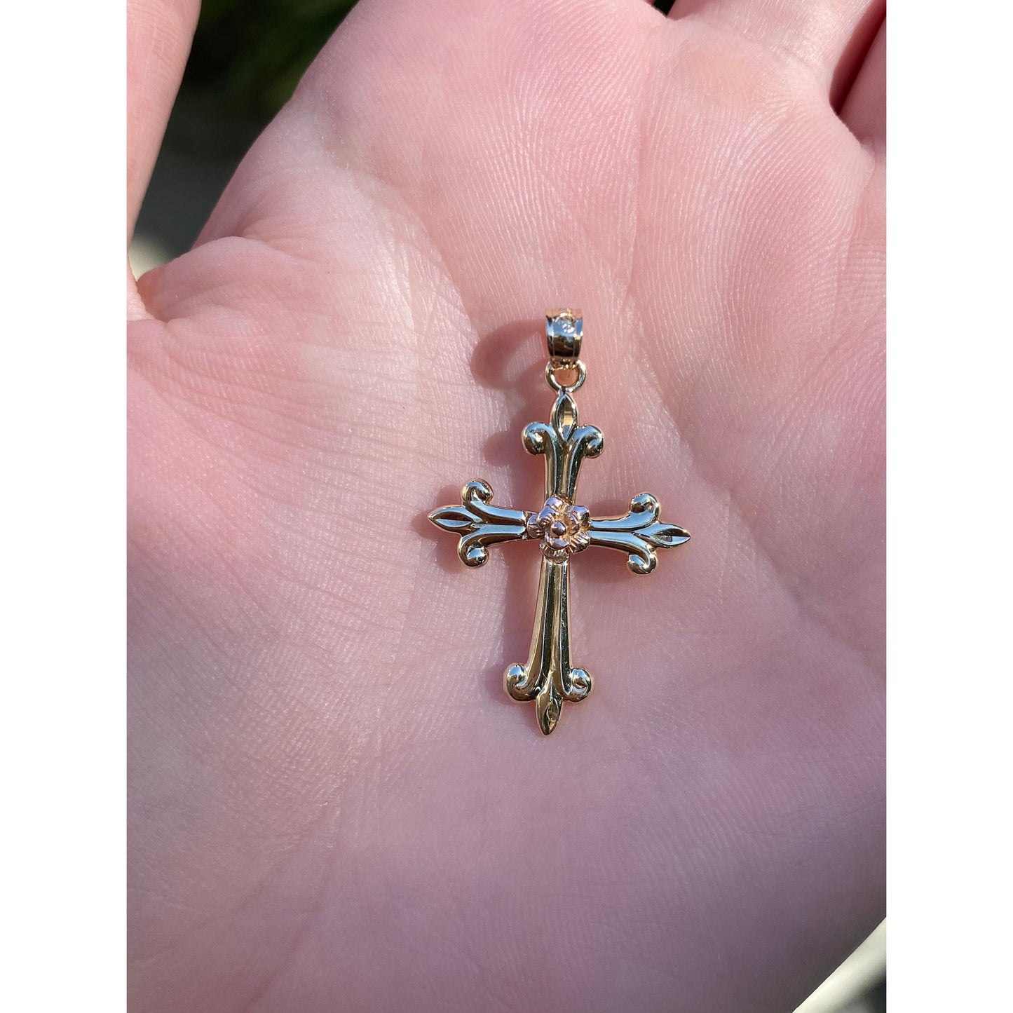 Vintage Solid 14k Rosey & Yellow Gold Rose Cross Charm