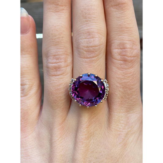 Vintage Solid 14k Yellow Gold Purple Color Changing Sapphire Clear Quartz Ring - Size 6