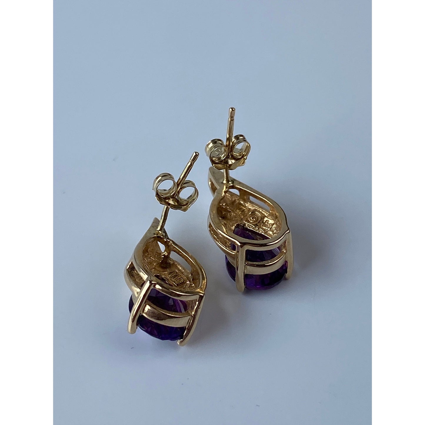 Vintage Solid 14k Yellow Gold Amethyst Diamond Stud Earrings