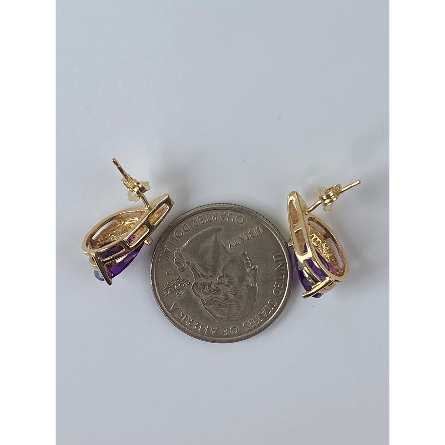 Vintage Solid 14k Yellow Gold Amethyst Diamond Stud Earrings