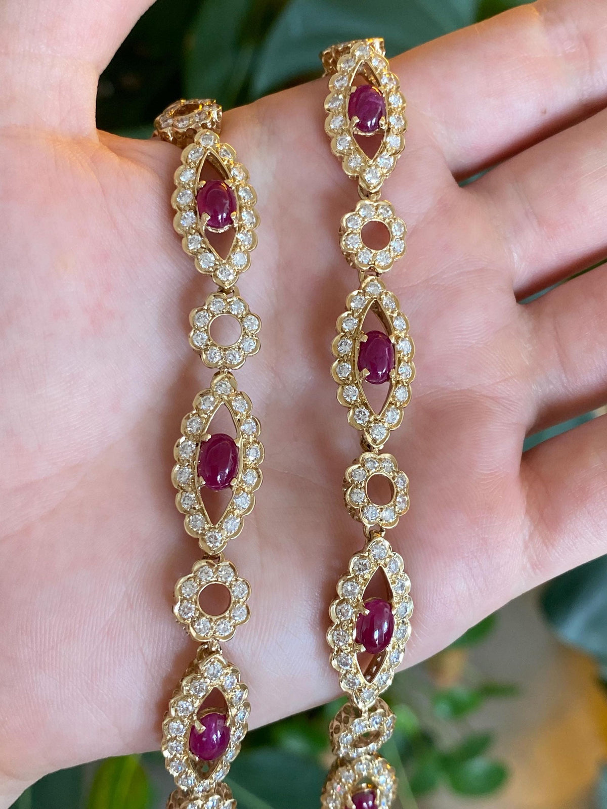 Solid 14k Yellow Gold Diamond Halo Ruby Cabochon Link Necklace - 19.75 inches