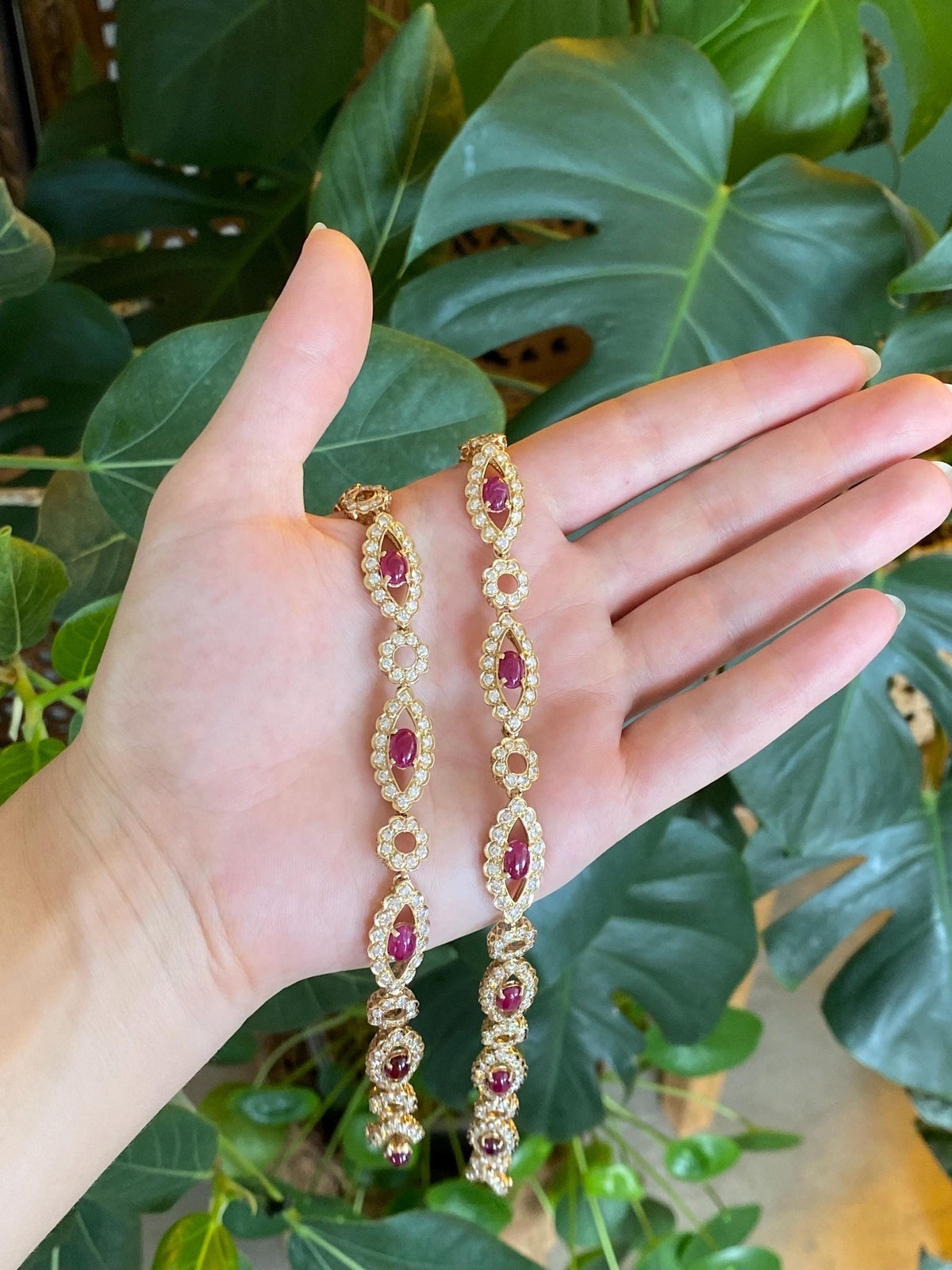 Solid 14k Yellow Gold Diamond Halo Ruby Cabochon Link Necklace - 19.75 inches