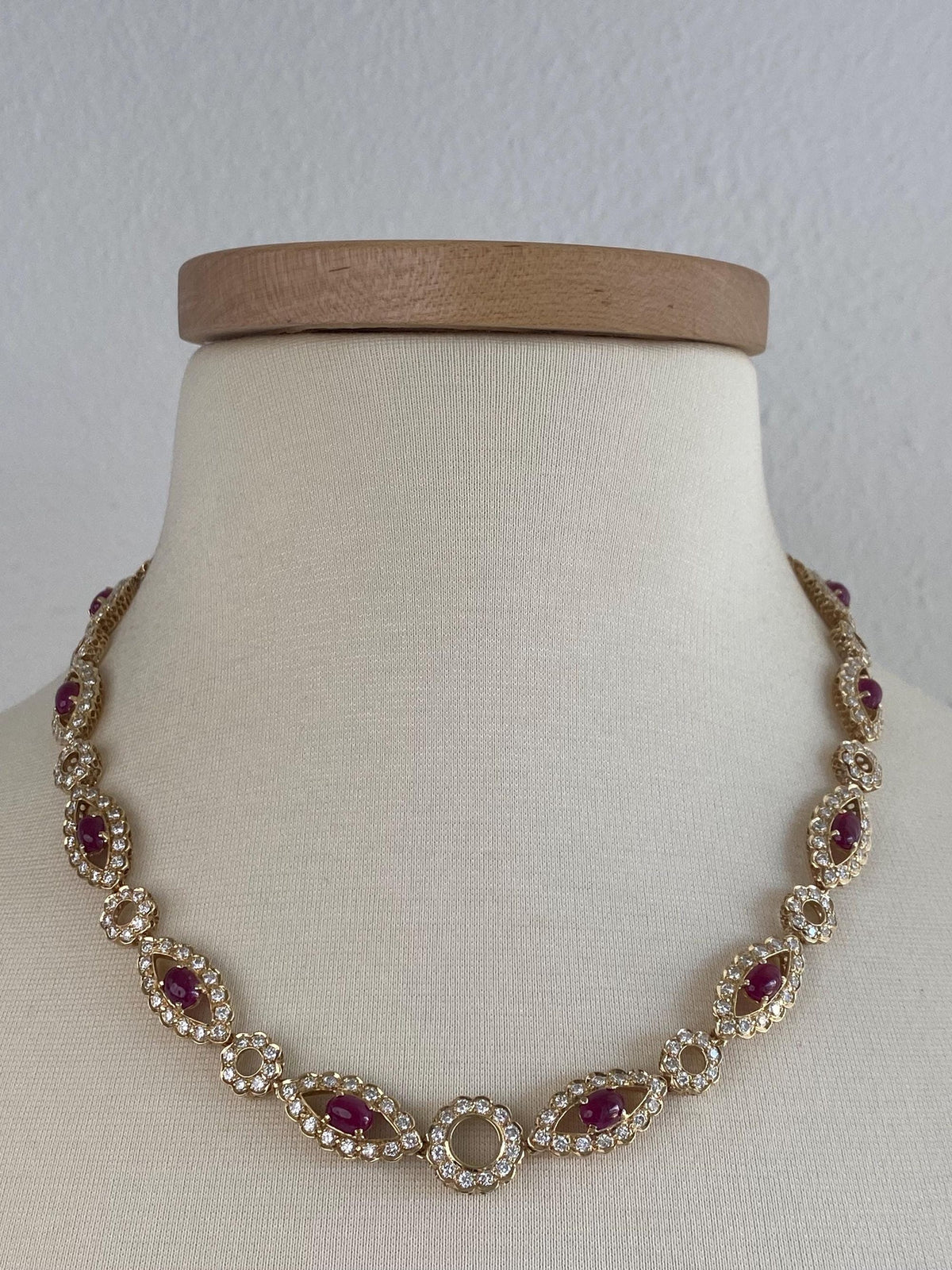 Solid 14k Yellow Gold Diamond Halo Ruby Cabochon Link Necklace - 19.75 inches