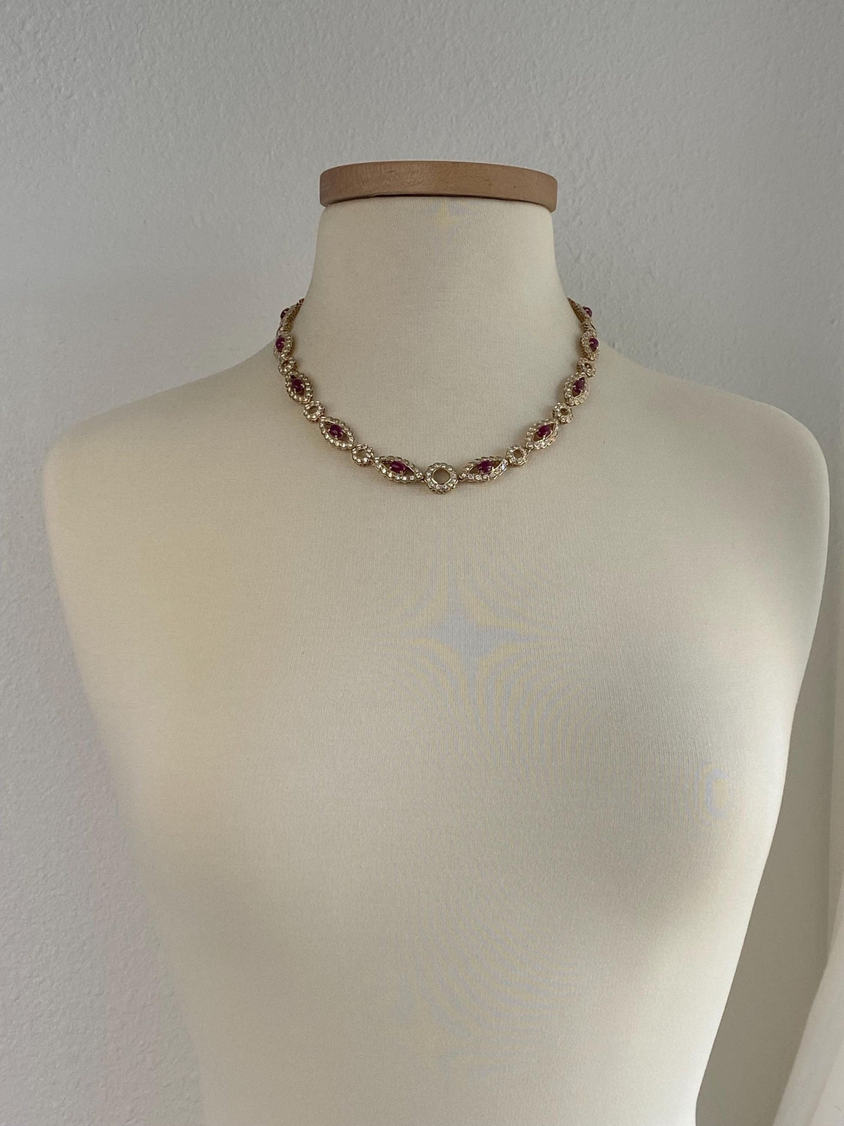 Solid 14k Yellow Gold Diamond Halo Ruby Cabochon Link Necklace - 19.75 inches