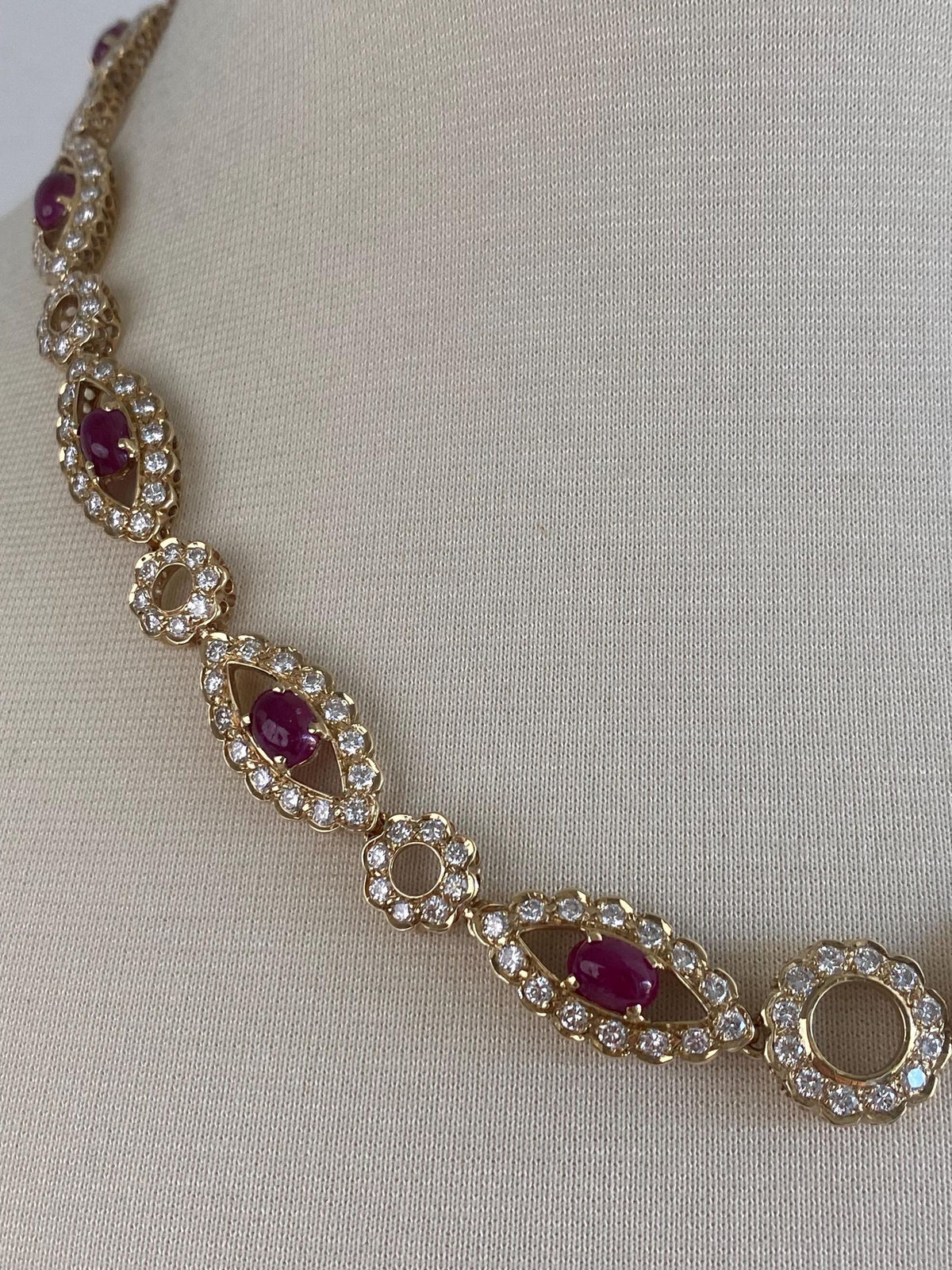Solid 14k Yellow Gold Diamond Halo Ruby Cabochon Link Necklace - 19.75 inches