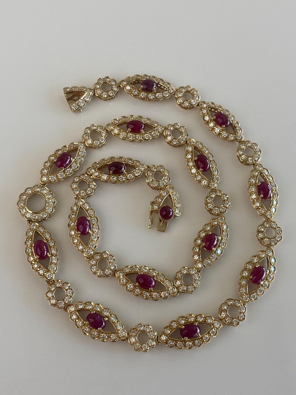 Solid 14k Yellow Gold Diamond Halo Ruby Cabochon Link Necklace - 19.75 inches