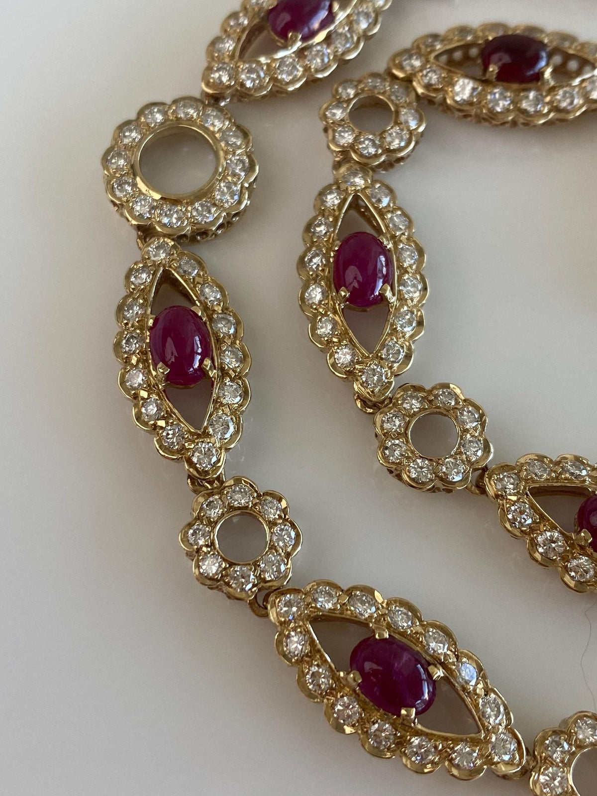Solid 14k Yellow Gold Diamond Halo Ruby Cabochon Link Necklace - 19.75 inches
