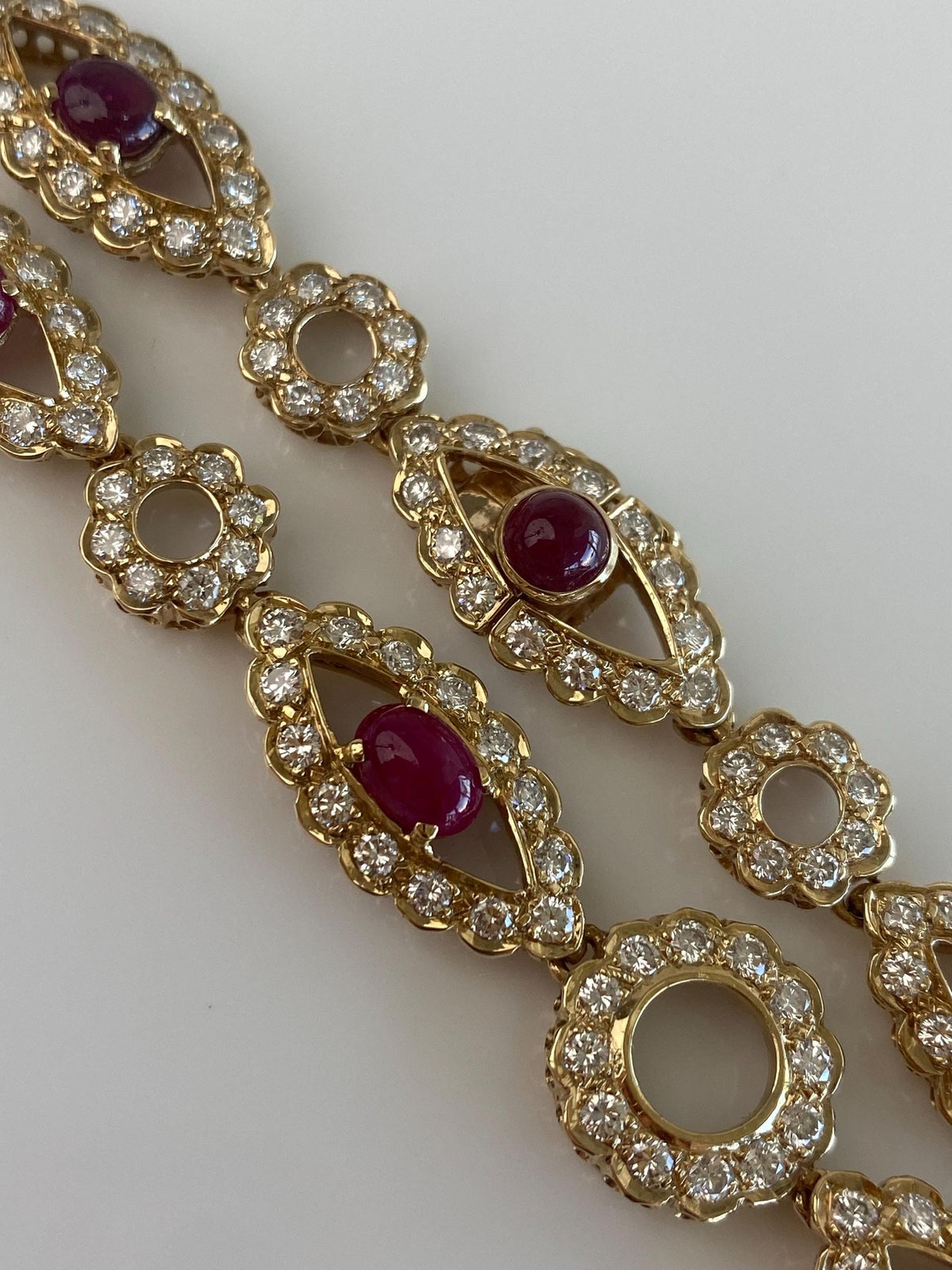 Solid 14k Yellow Gold Diamond Halo Ruby Cabochon Link Necklace - 19.75 inches