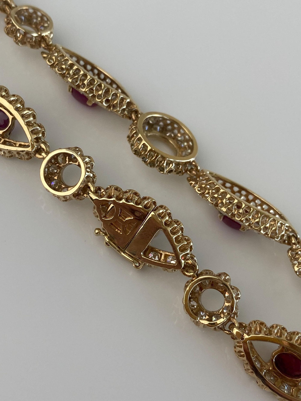 Solid 14k Yellow Gold Diamond Halo Ruby Cabochon Link Necklace - 19.75 inches