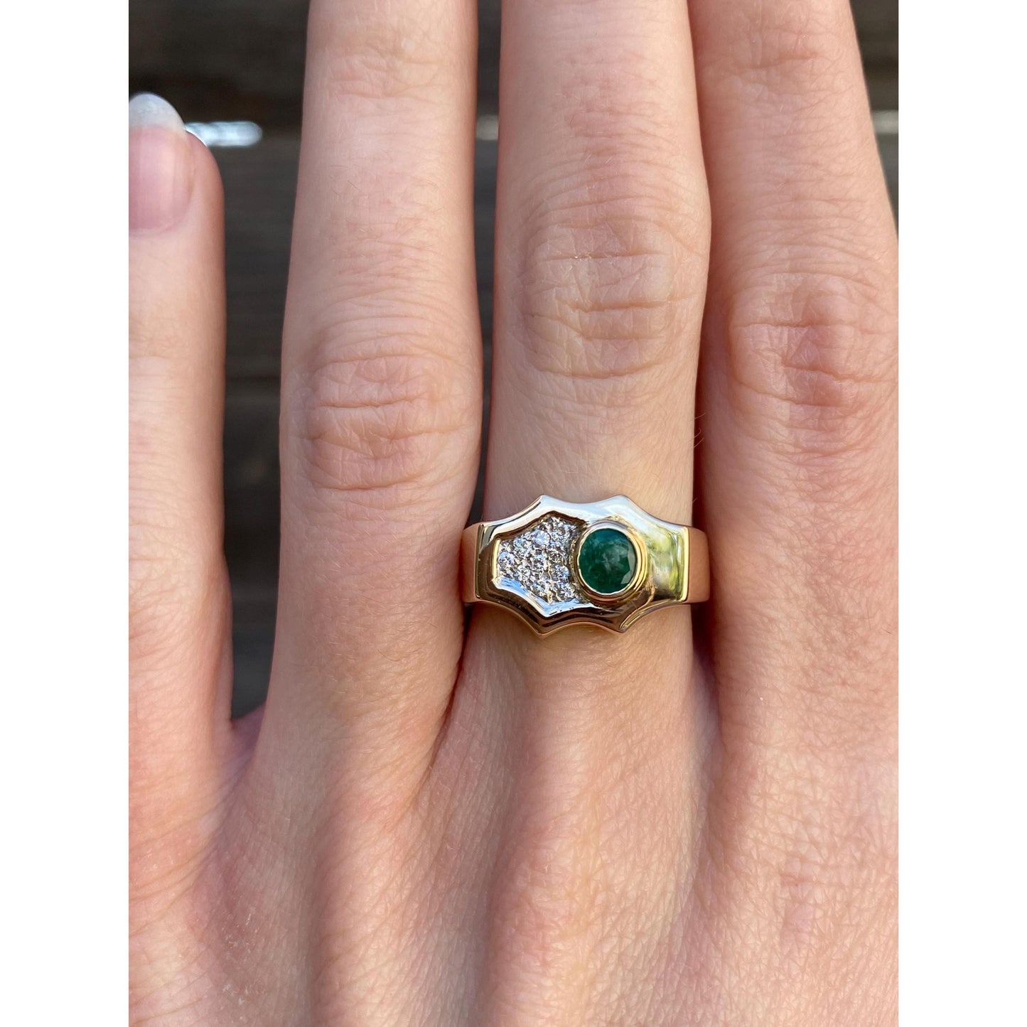 Vintage Solid 14k White & Yellow Gold Diamond Emerald Signet Ring - Size 7