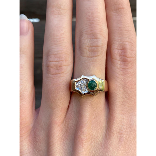 Vintage Solid 14k White & Yellow Gold Diamond Emerald Signet Ring - Size 7