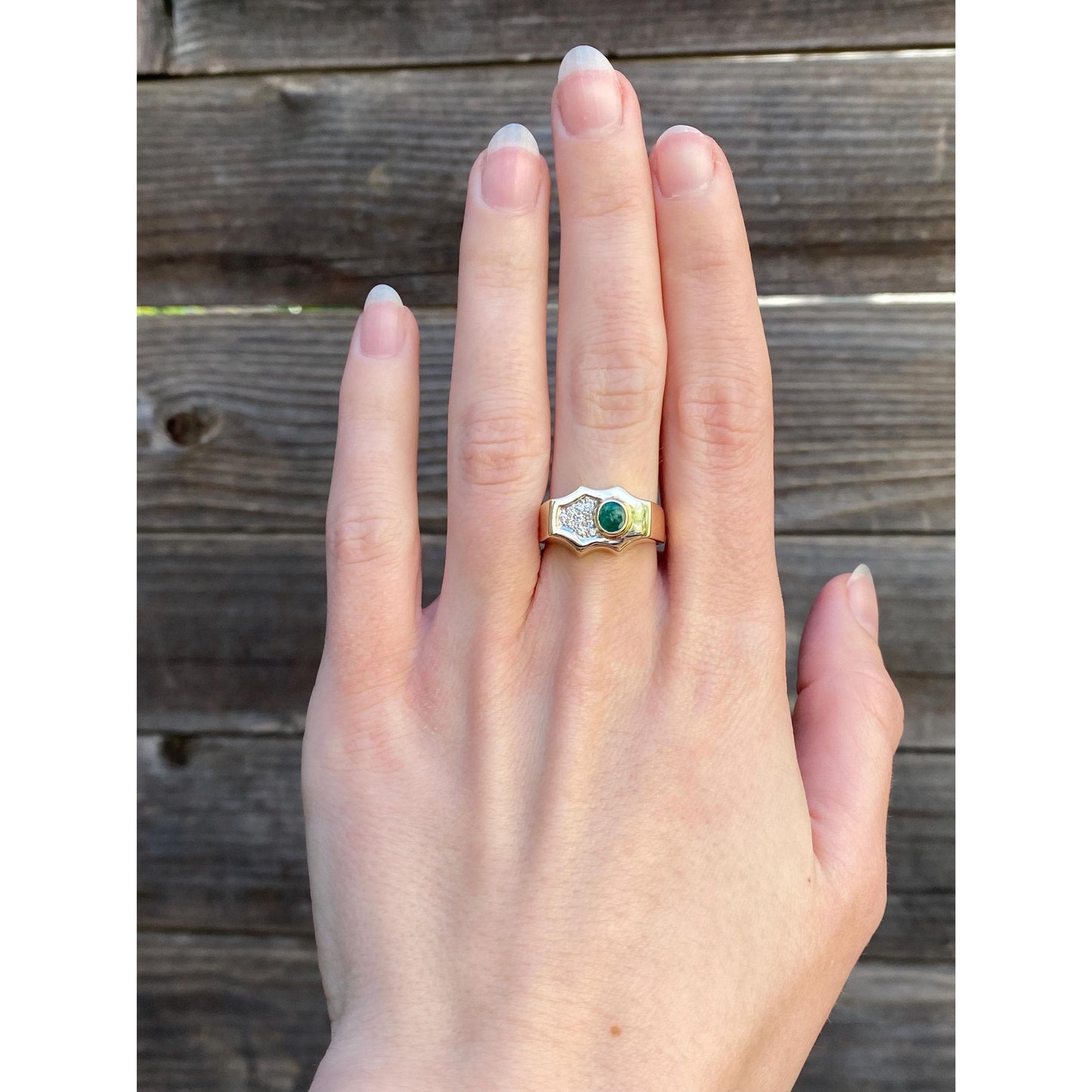 Vintage Solid 14k White & Yellow Gold Diamond Emerald Signet Ring - Size 7