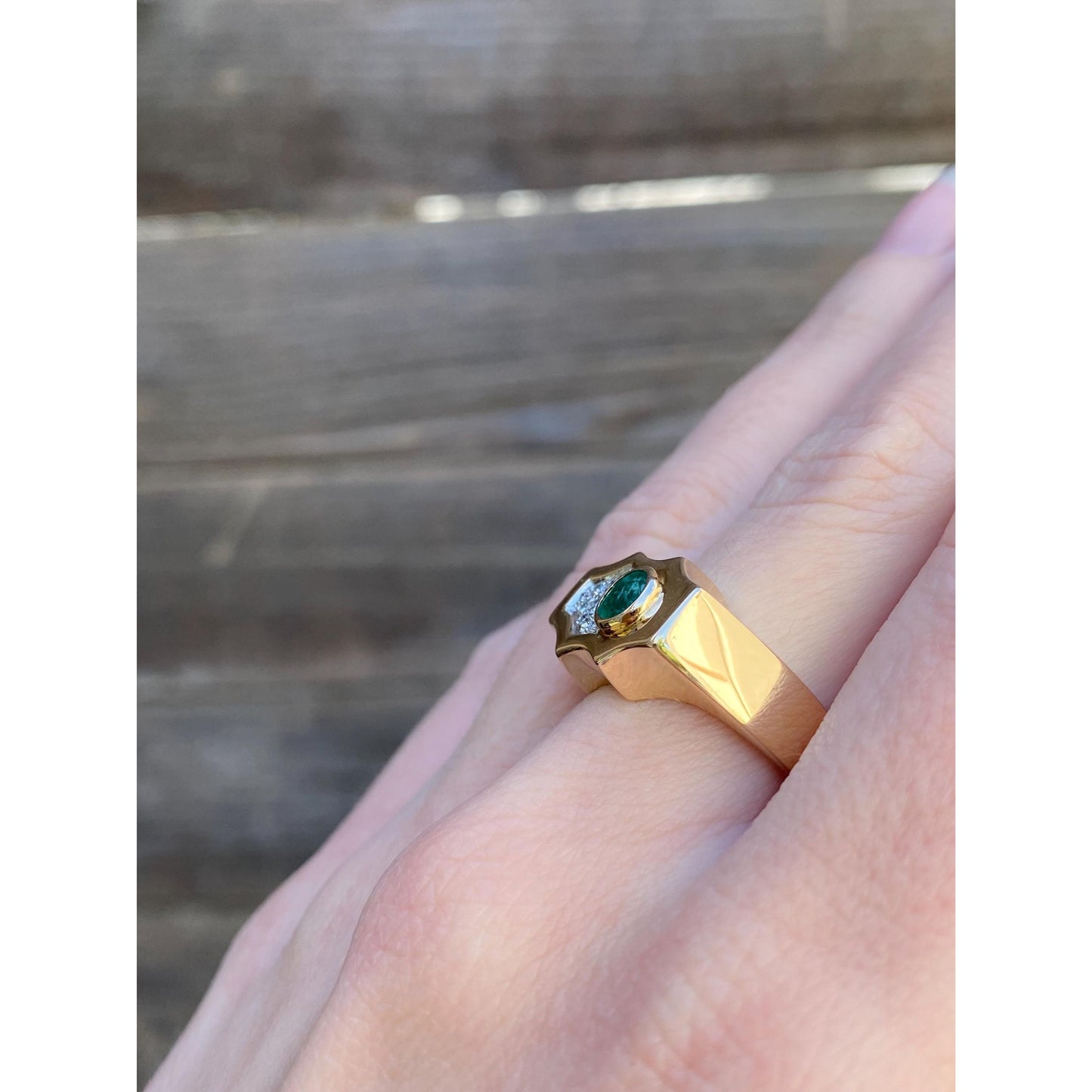 Vintage Solid 14k White & Yellow Gold Diamond Emerald Signet Ring - Size 7