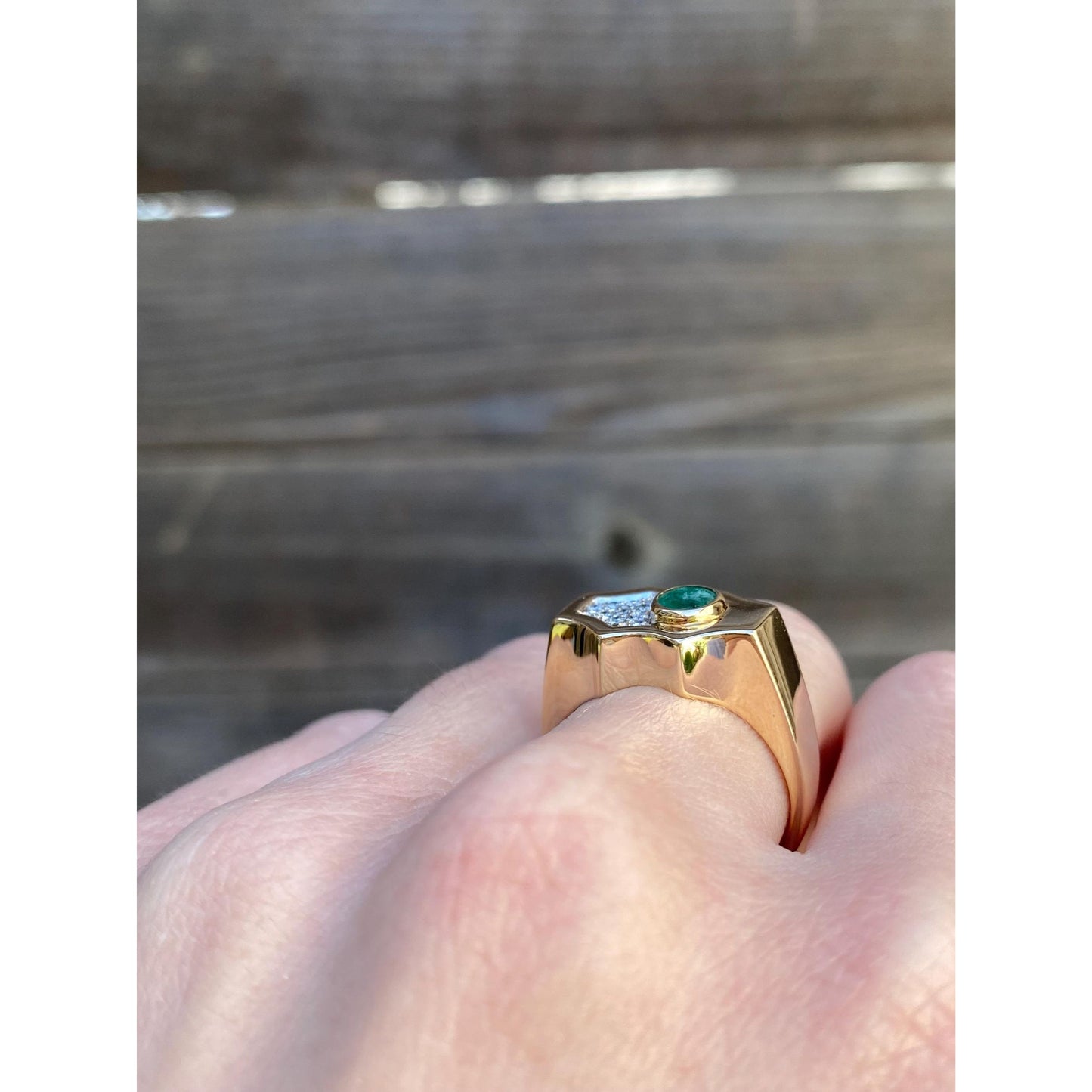 Vintage Solid 14k White & Yellow Gold Diamond Emerald Signet Ring - Size 7