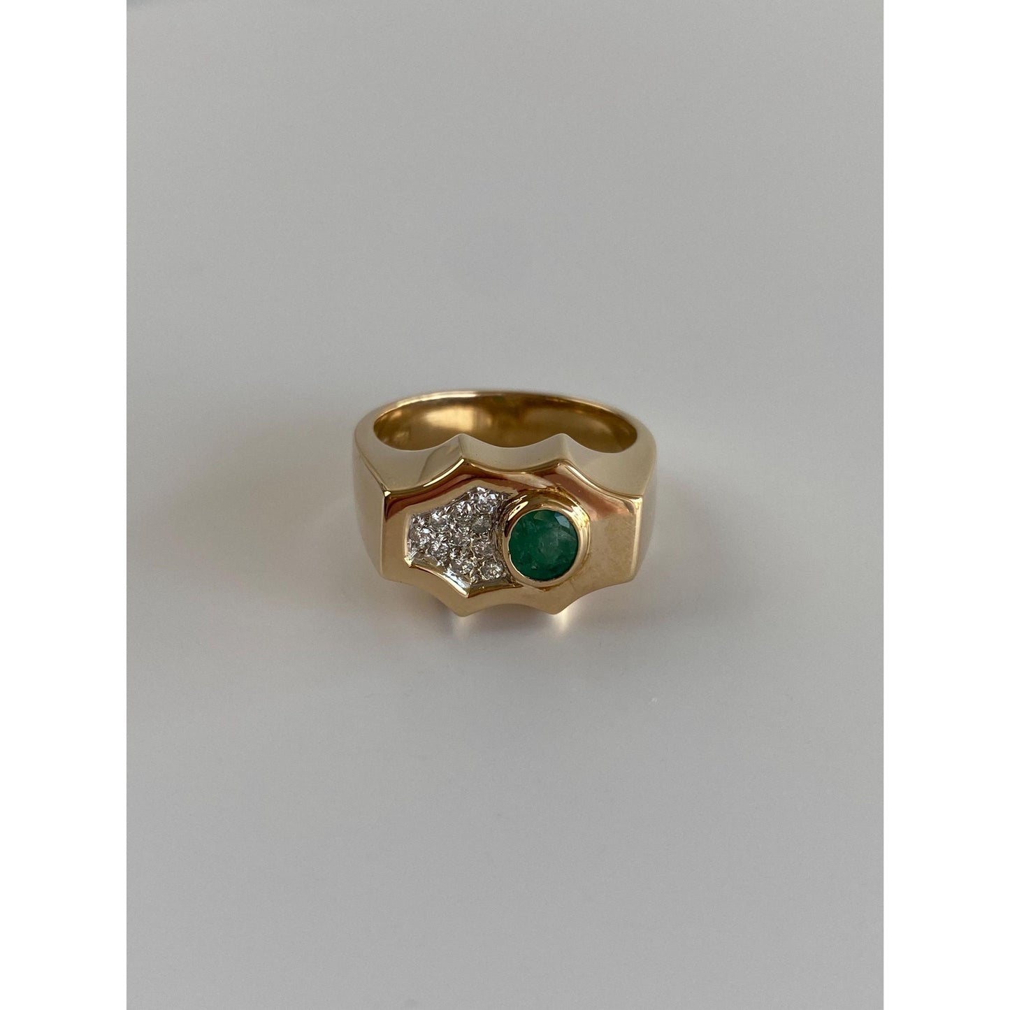 Vintage Solid 14k White & Yellow Gold Diamond Emerald Signet Ring - Size 7