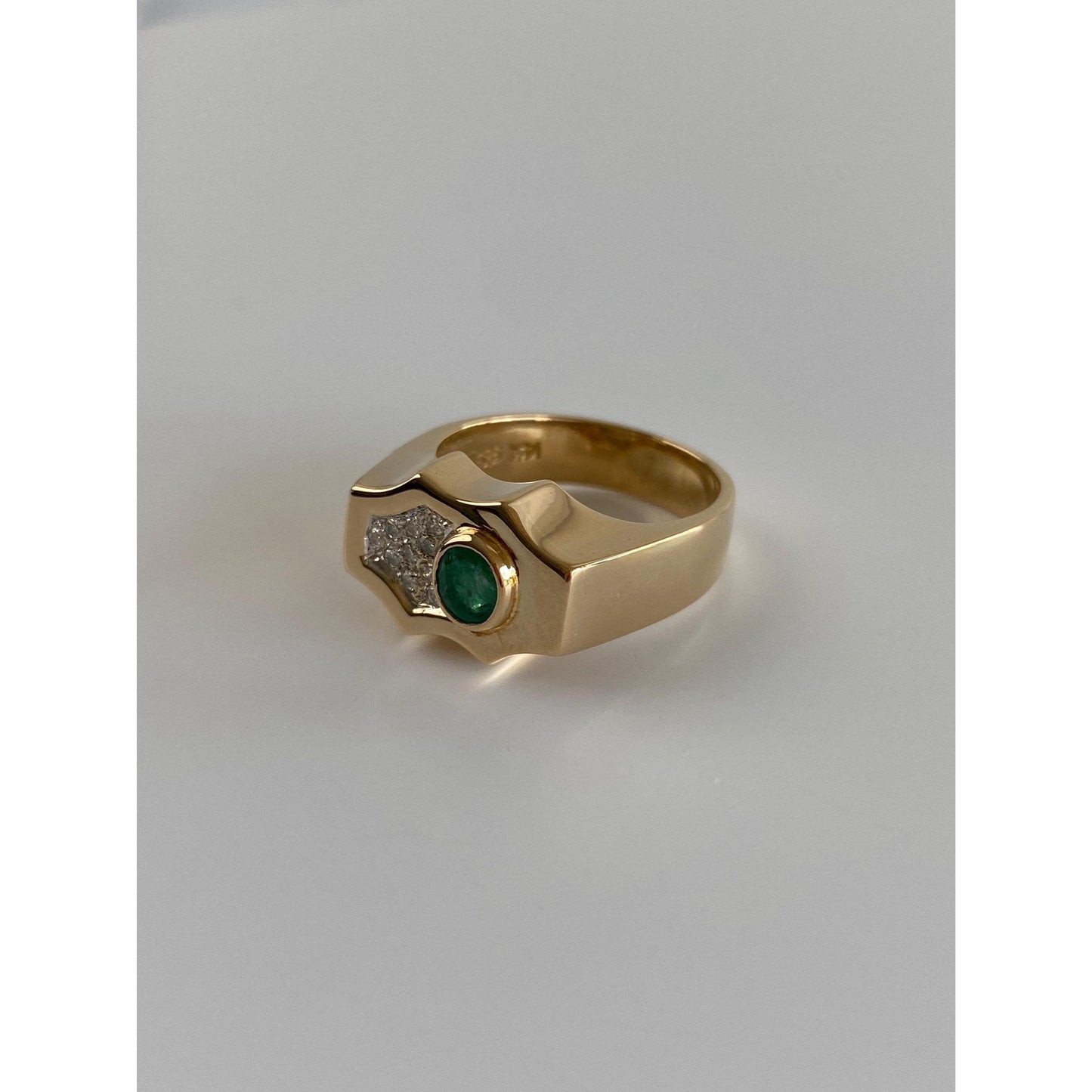 Vintage Solid 14k White & Yellow Gold Diamond Emerald Signet Ring - Size 7
