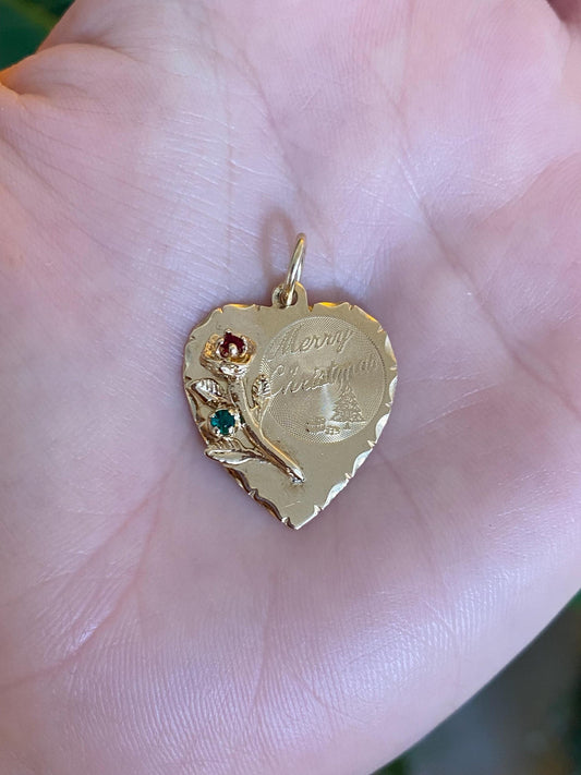 Vintage Solid 14k Yellow Gold Red & Green Cubic Zirconia Merry Christmas Heart Charm