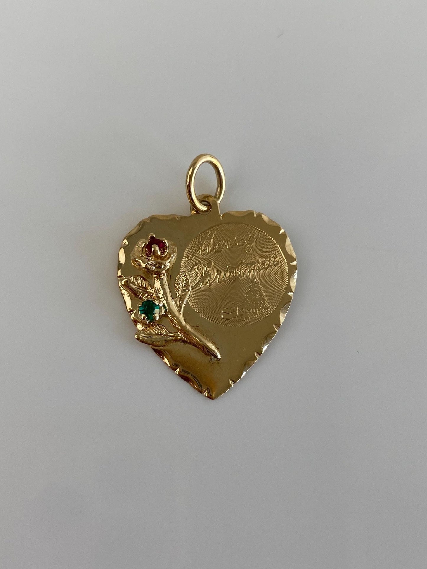 Vintage Solid 14k Yellow Gold Red & Green Cubic Zirconia Merry Christmas Heart Charm