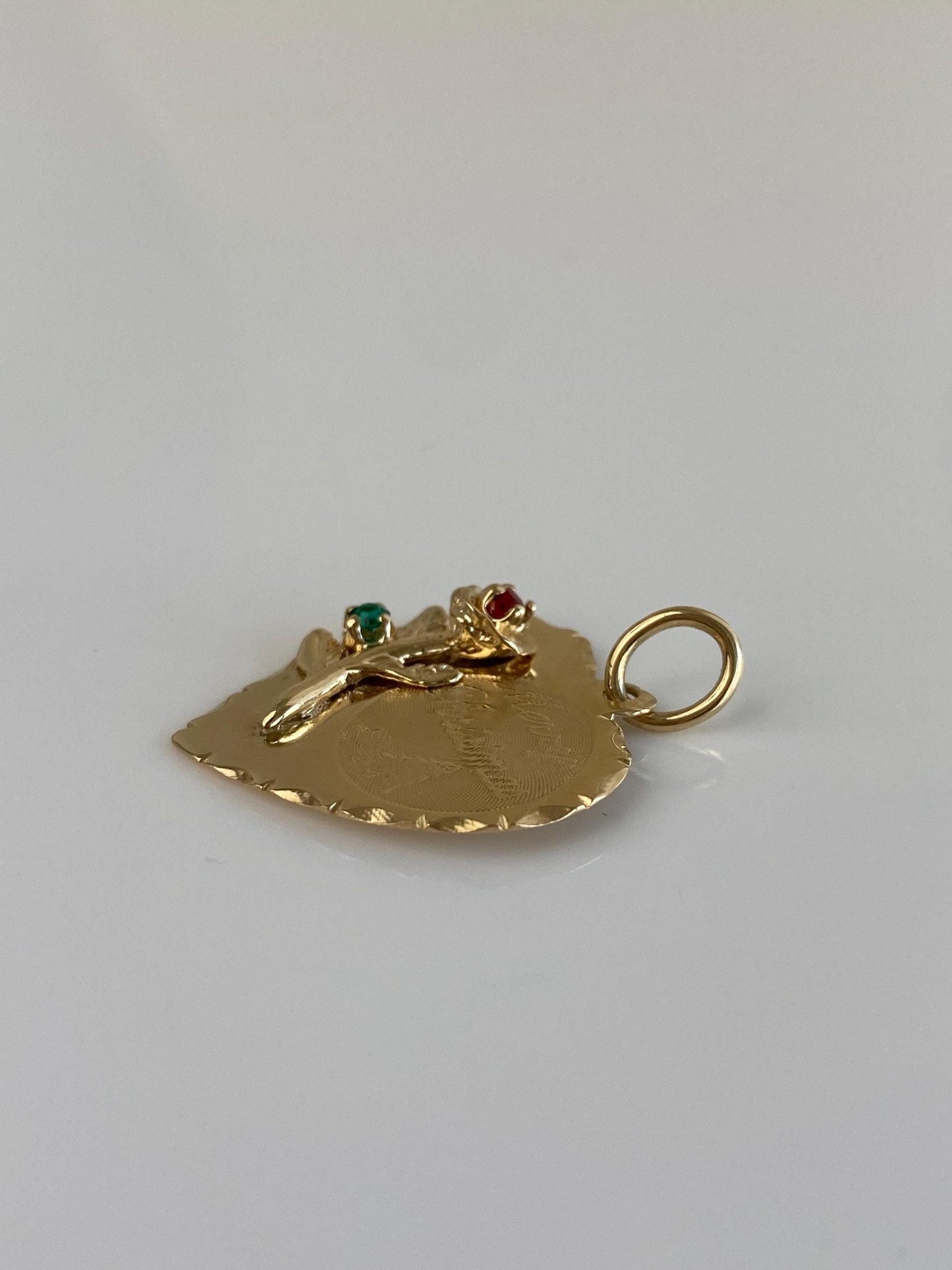 Vintage Solid 14k Yellow Gold Red & Green Cubic Zirconia Merry Christmas Heart Charm