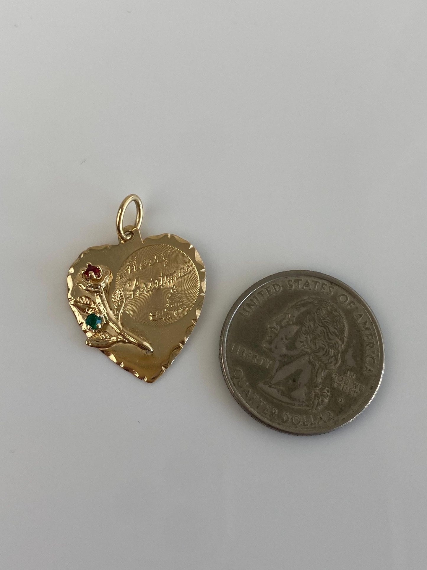 Vintage Solid 14k Yellow Gold Red & Green Cubic Zirconia Merry Christmas Heart Charm
