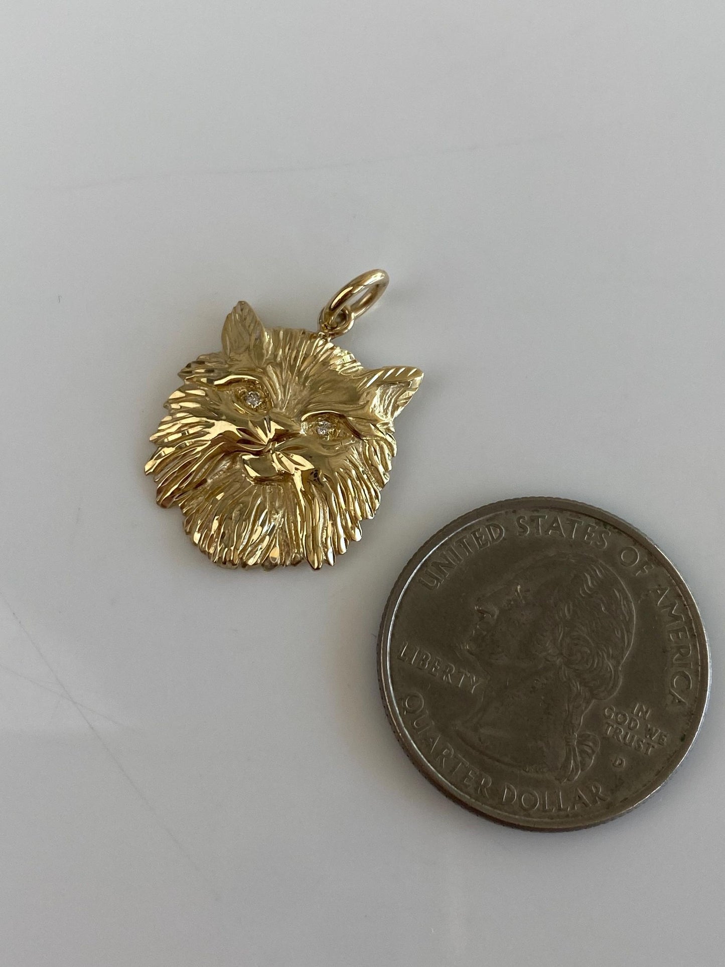 Vintage Solid 14k Yellow Gold Clear Sapphire Eyes Cat Charm
