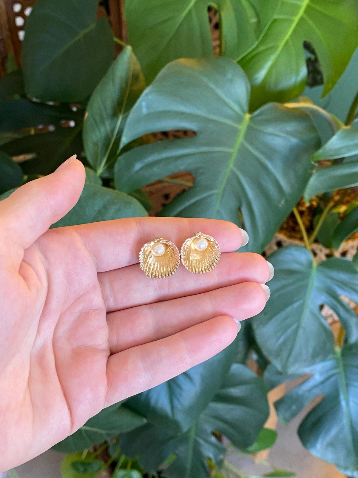 Vintage Solid 14k Yellow Gold Pearl Shell Stud Earrings