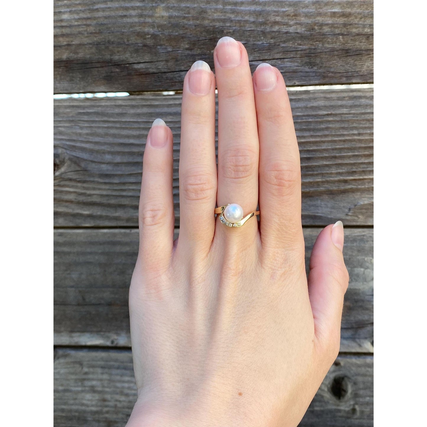 Vintage Solid 14k Yellow Gold Pearl Diamond Ring - Size 5.75