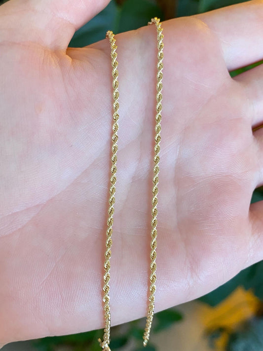 Vintage Solid 14k Yellow Gold Slim Rope Chain Bracelet Anklet - 10.25 inches