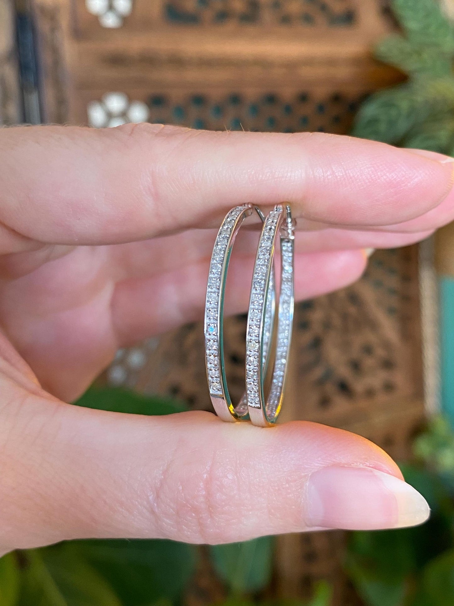 Vintage Solid 14k White Gold Diamond Hoop Earrings