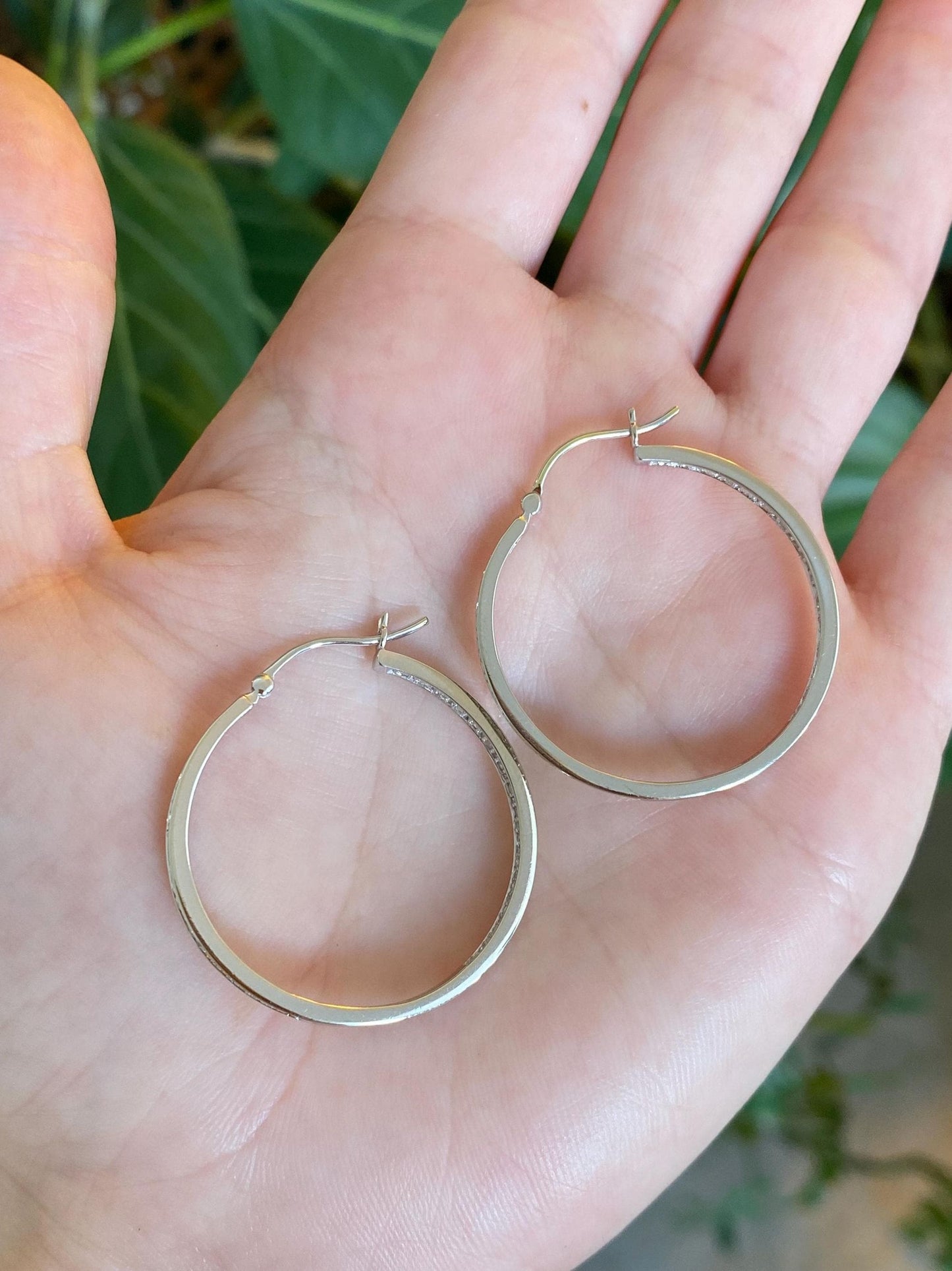 Vintage Solid 14k White Gold Diamond Hoop Earrings