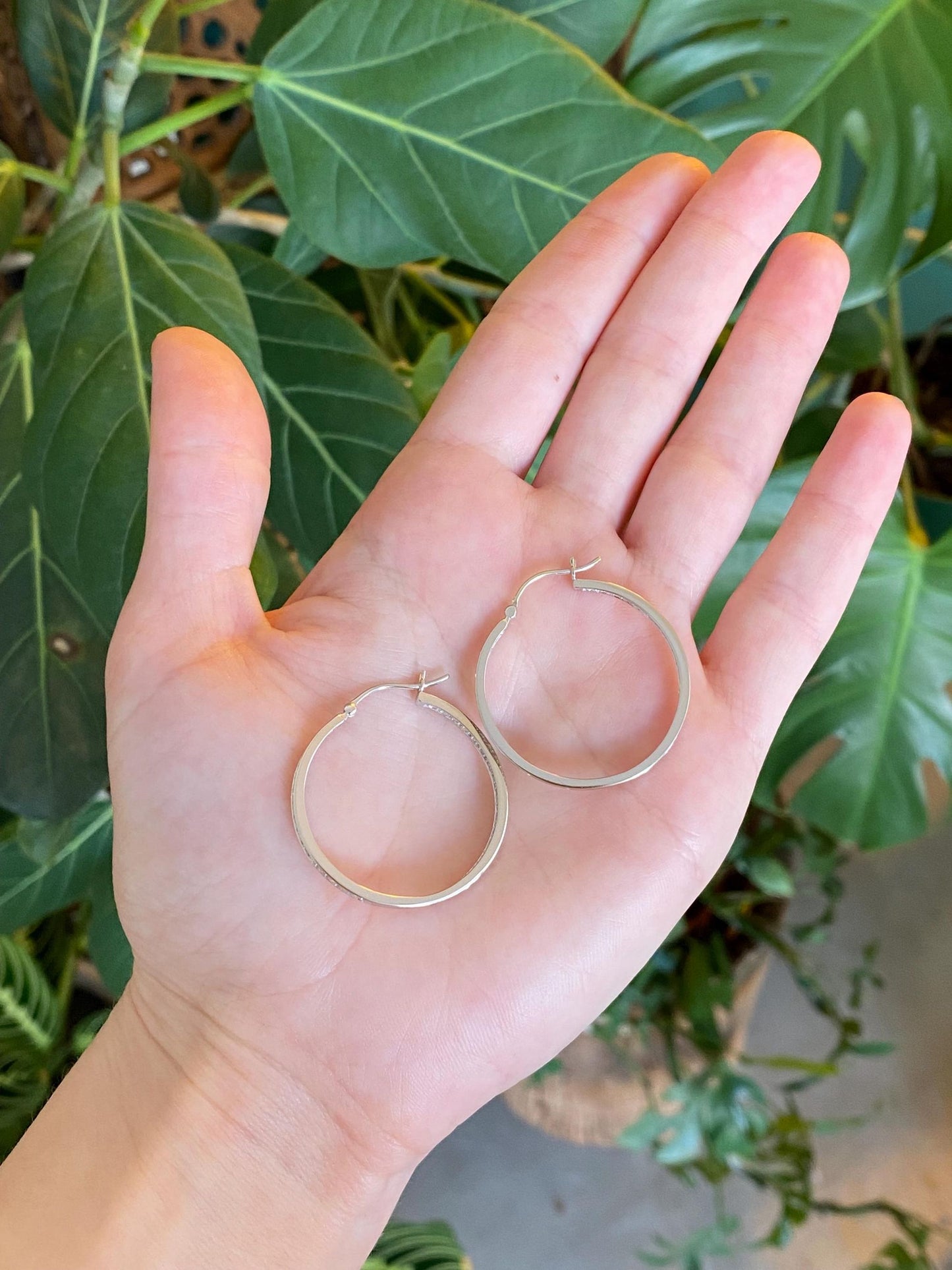 Vintage Solid 14k White Gold Diamond Hoop Earrings